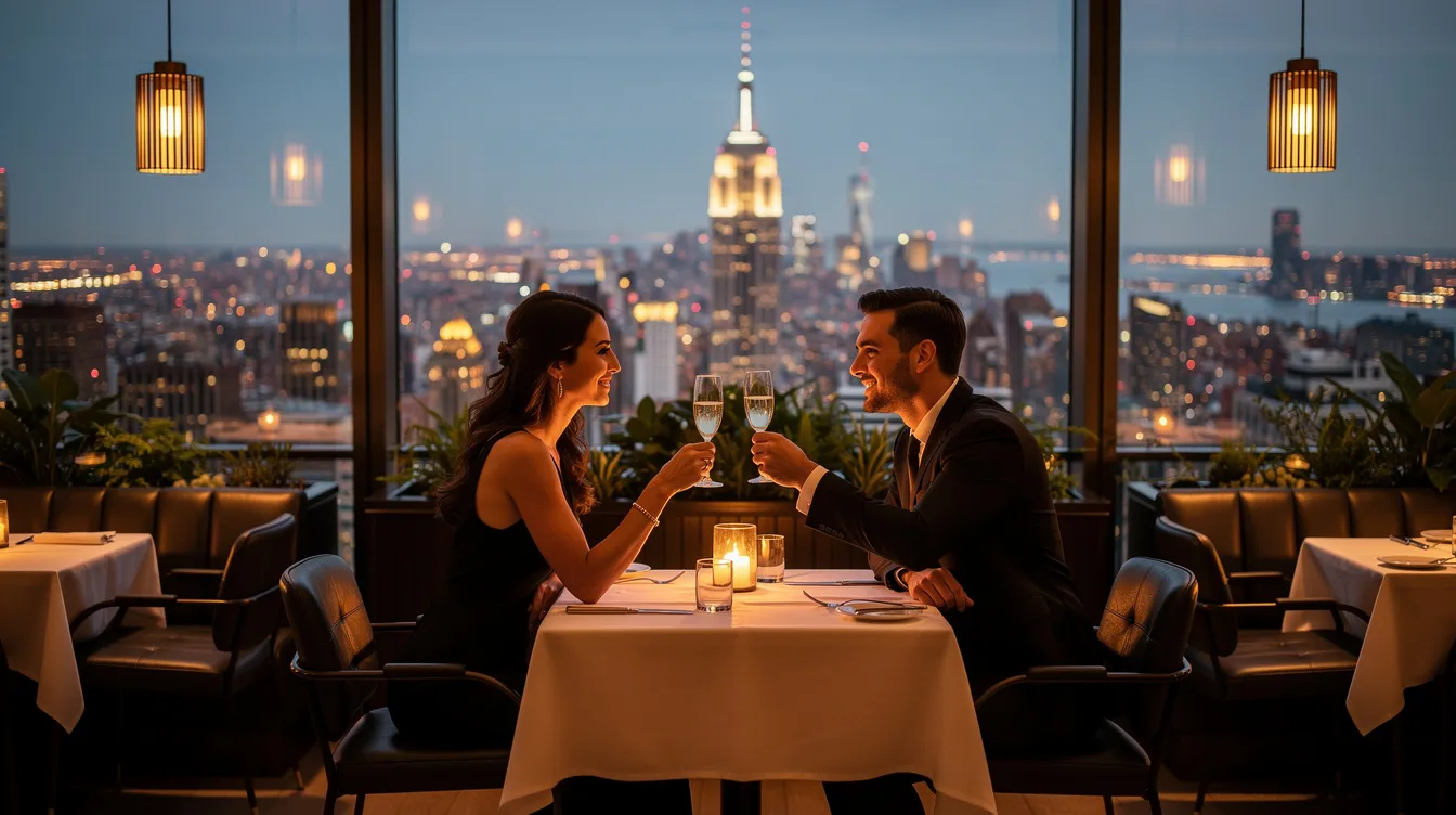 A couple enjoys a romantic dinner in an upscale NYC restaurant, surrounded by stunning skyline views, symbolizing their intentional dating journey towards a meaningful relationship. Their intimate setting highlights the importance of mutual understanding and shared values as they navigate the early stages of their dating life together.