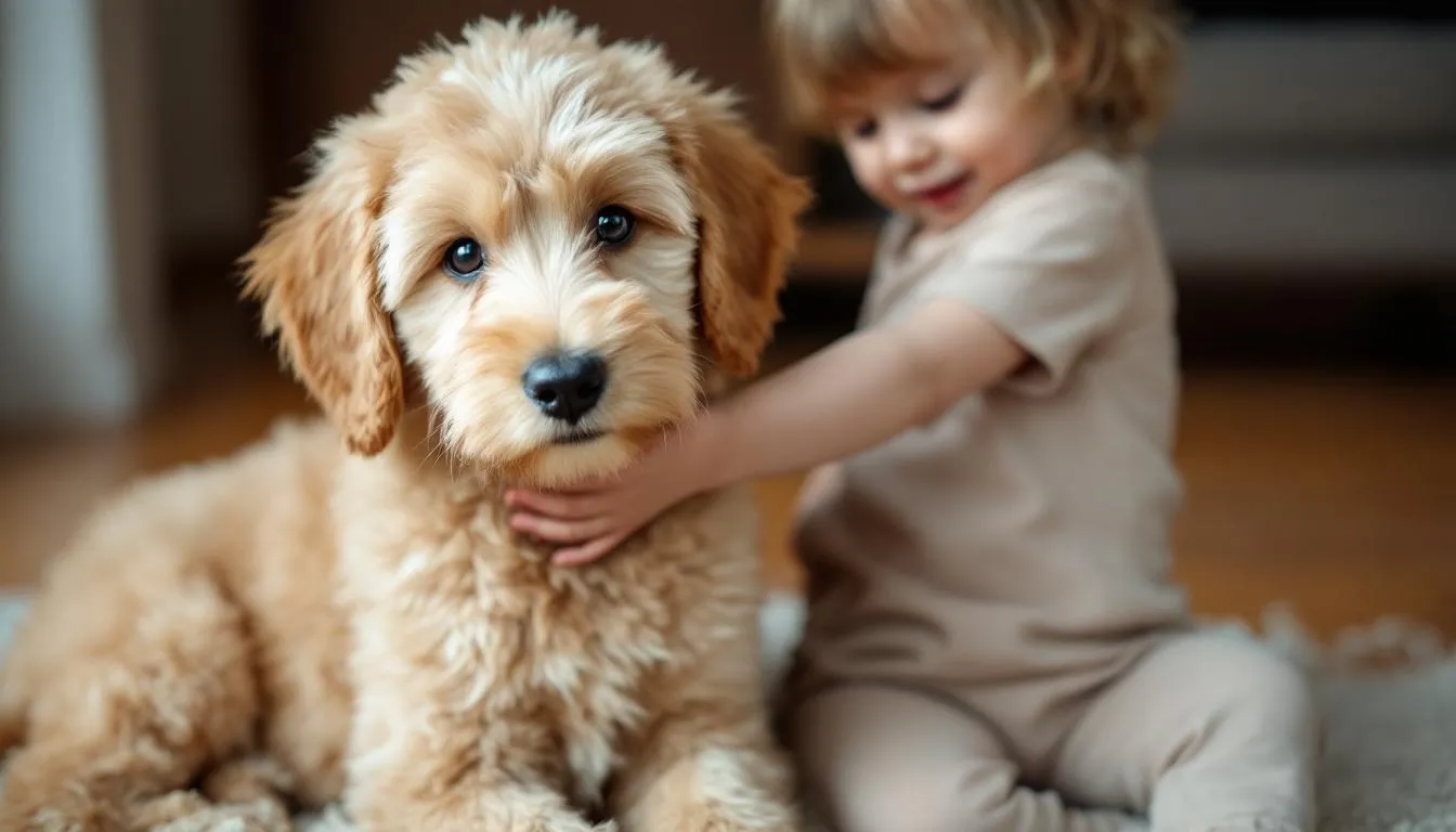 A medium goldendoodle puppy sits calmly beside a child, showcasing its gentle temperament and sweet personality. The puppy, a perfect furry family member, exudes joy and warmth, making it an ideal companion for families and first-time dog owners.