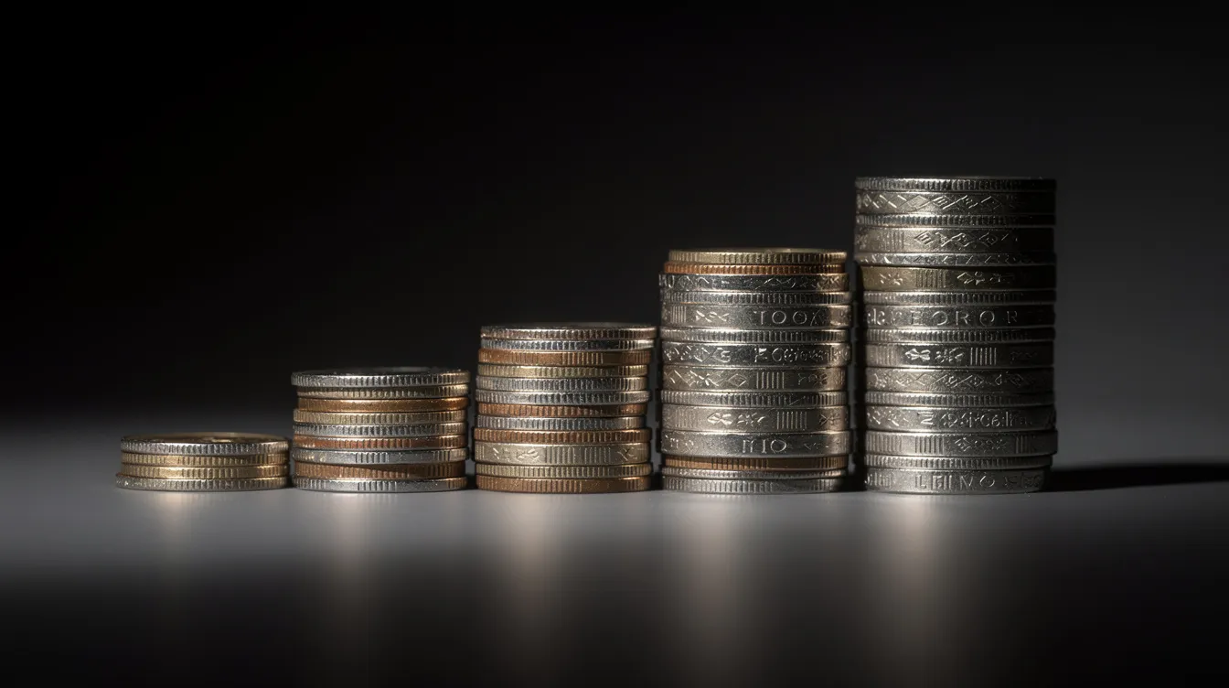 Das Bild zeigt gestapelte Münzen in aufsteigender Reihenfolge vor einem dunklen Hintergrund, was symbolisch für die Wertsteigerungen von Krypto-Investments steht. Diese Darstellung könnte auch die Diskussion um die Krypto-Besteuerung und die einjährige Haltefrist anregen.