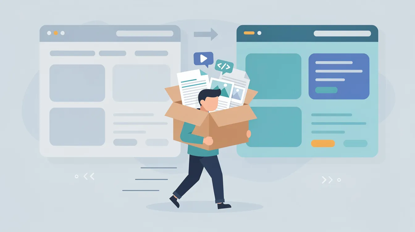 The image depicts a person transporting a box labeled "content" between two digital platform interfaces, representing the concept of digital migration. This illustration symbolizes the transition of community features and online course creation, highlighting the importance of community building and management in the digital landscape.