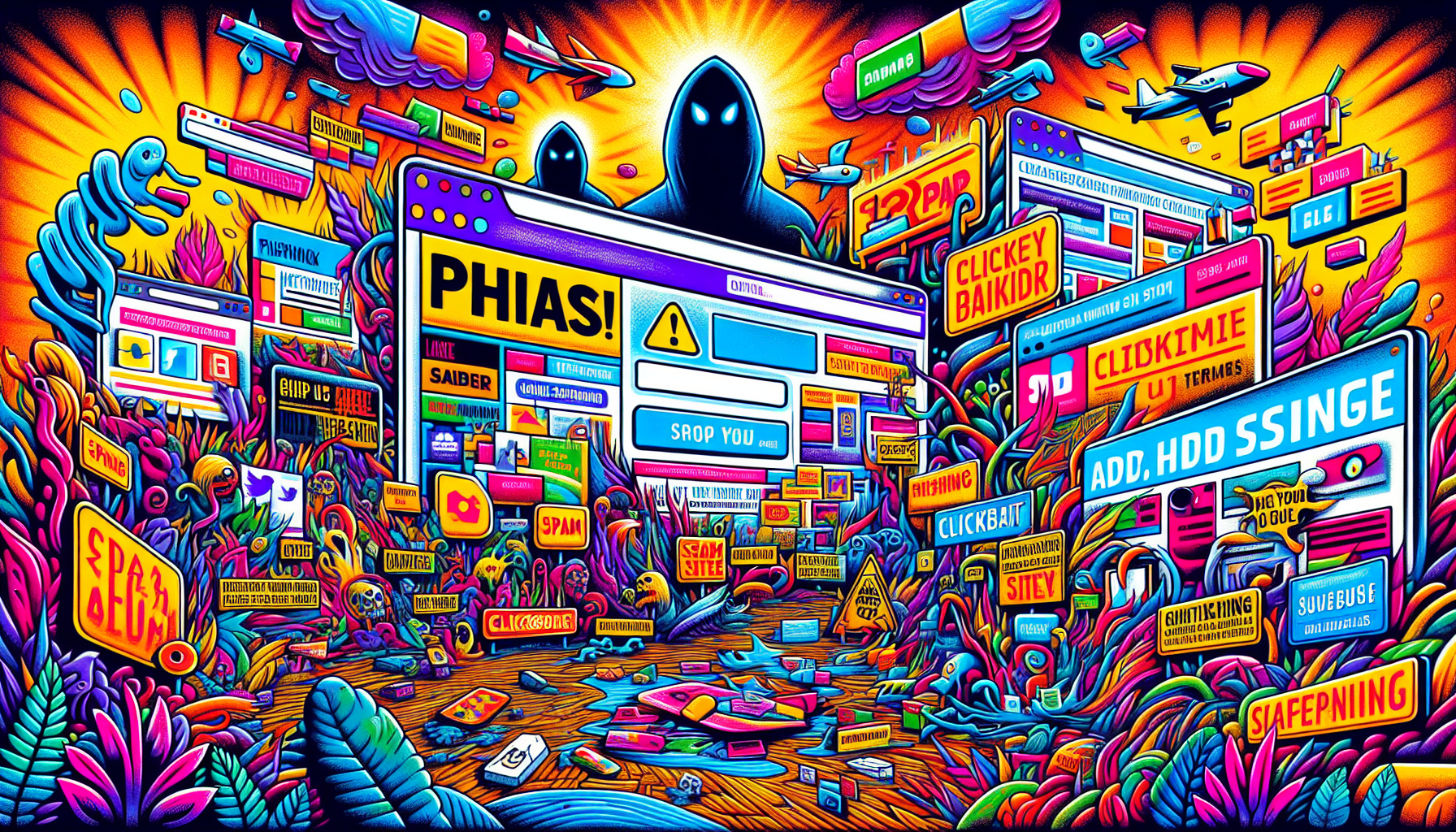 An illustration depicting various spam websites and their characteristics.