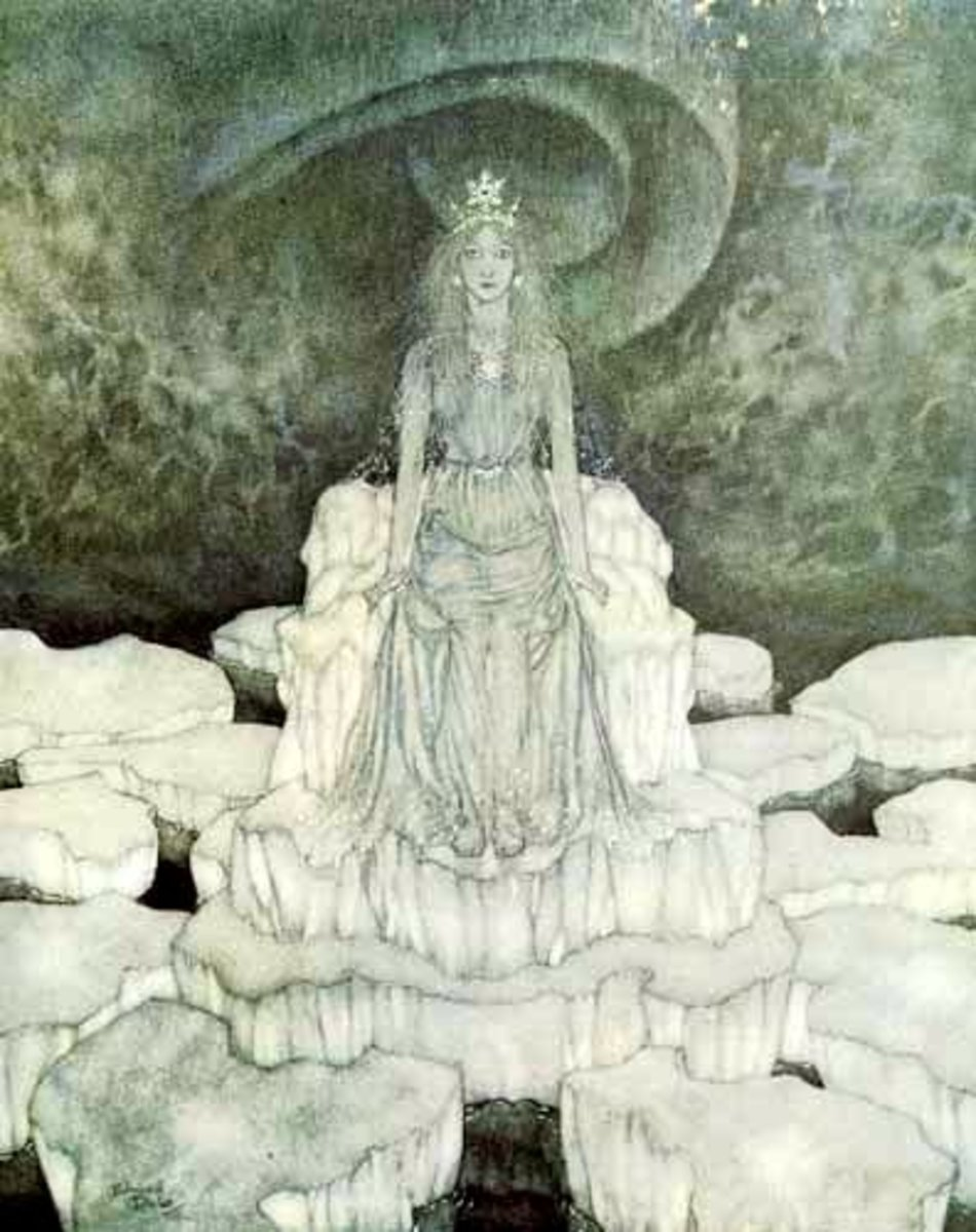 Cailleach is younger and is sitting upon a throne of ice during a starry night.