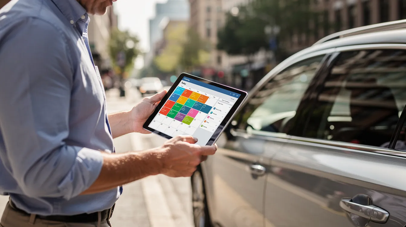 A person stands next to a parked car, using a tablet that displays a vibrant calendar dashboard, likely for managing vehicle bookings and reservations within a car rental business. This scene emphasizes the integration of rental software for efficient fleet operations and online bookings.