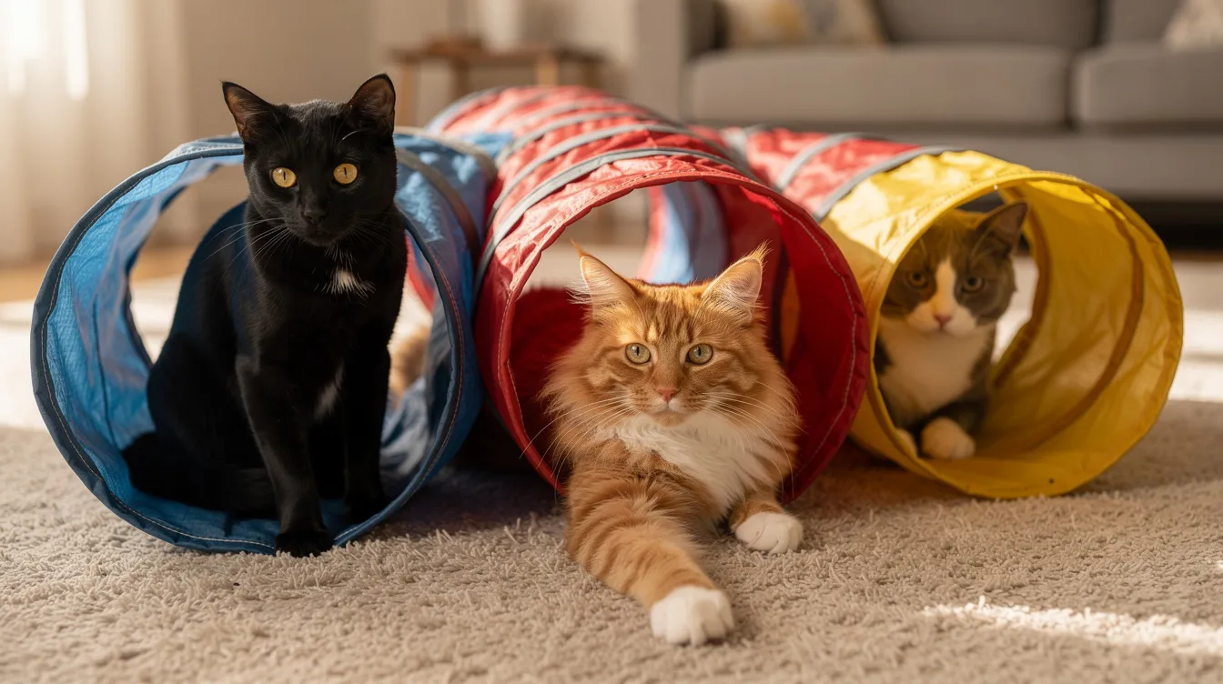 Three cats of different colors are playfully exploring a branching cat tunnel system on a soft carpeted floor, with one cat peeking out from an entrance while the others sit nearby, highlighting the fun and interactive nature of this cat play area designed for multiple cats. The tunnel provides an enclosed space for them to feel safe and enjoy their playtime.