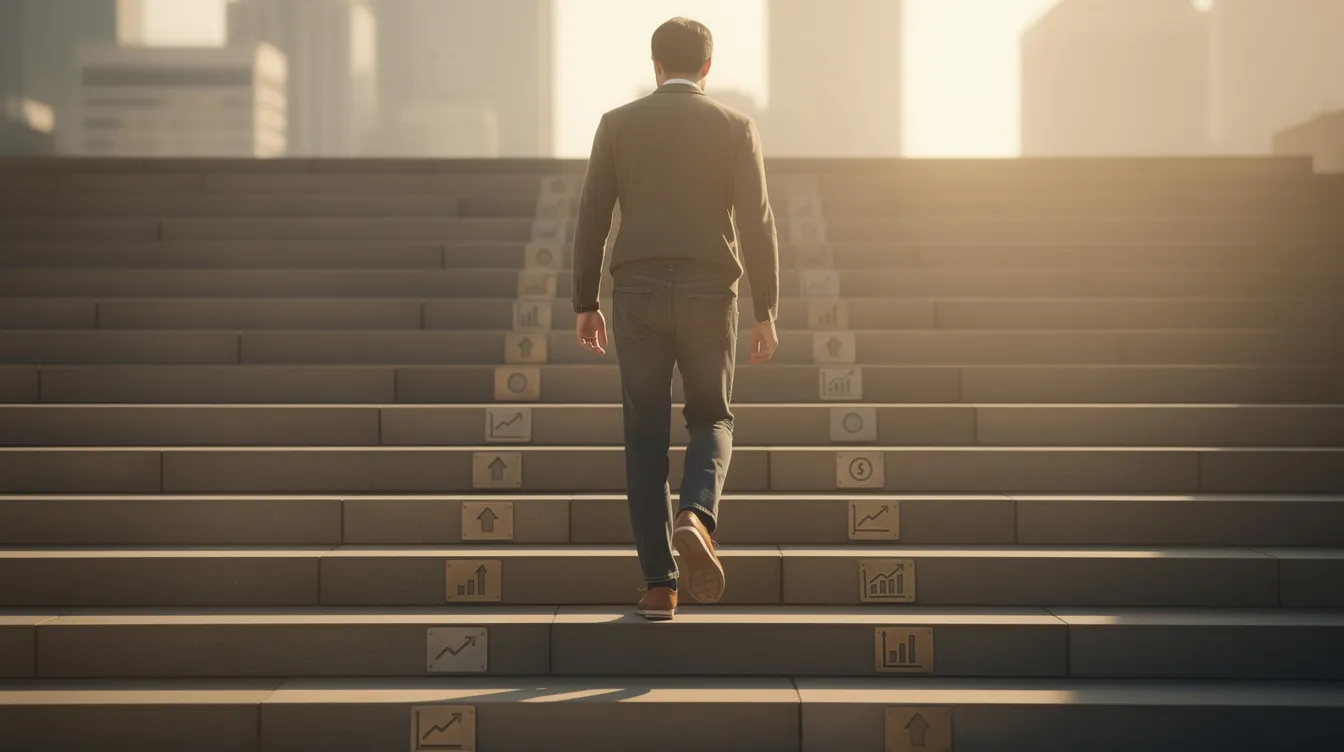 The image depicts a person ascending a staircase bathed in warm morning light, symbolizing a gradual financial recovery. This scene reflects the journey towards improved financial stability, reminiscent of concepts such as 清 數 and the importance of managing one's 財務 狀況 effectively.