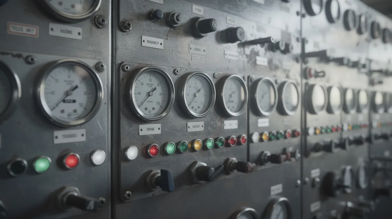Industrial control panel with gauges and dials representing usage metrics in a metered billing system.