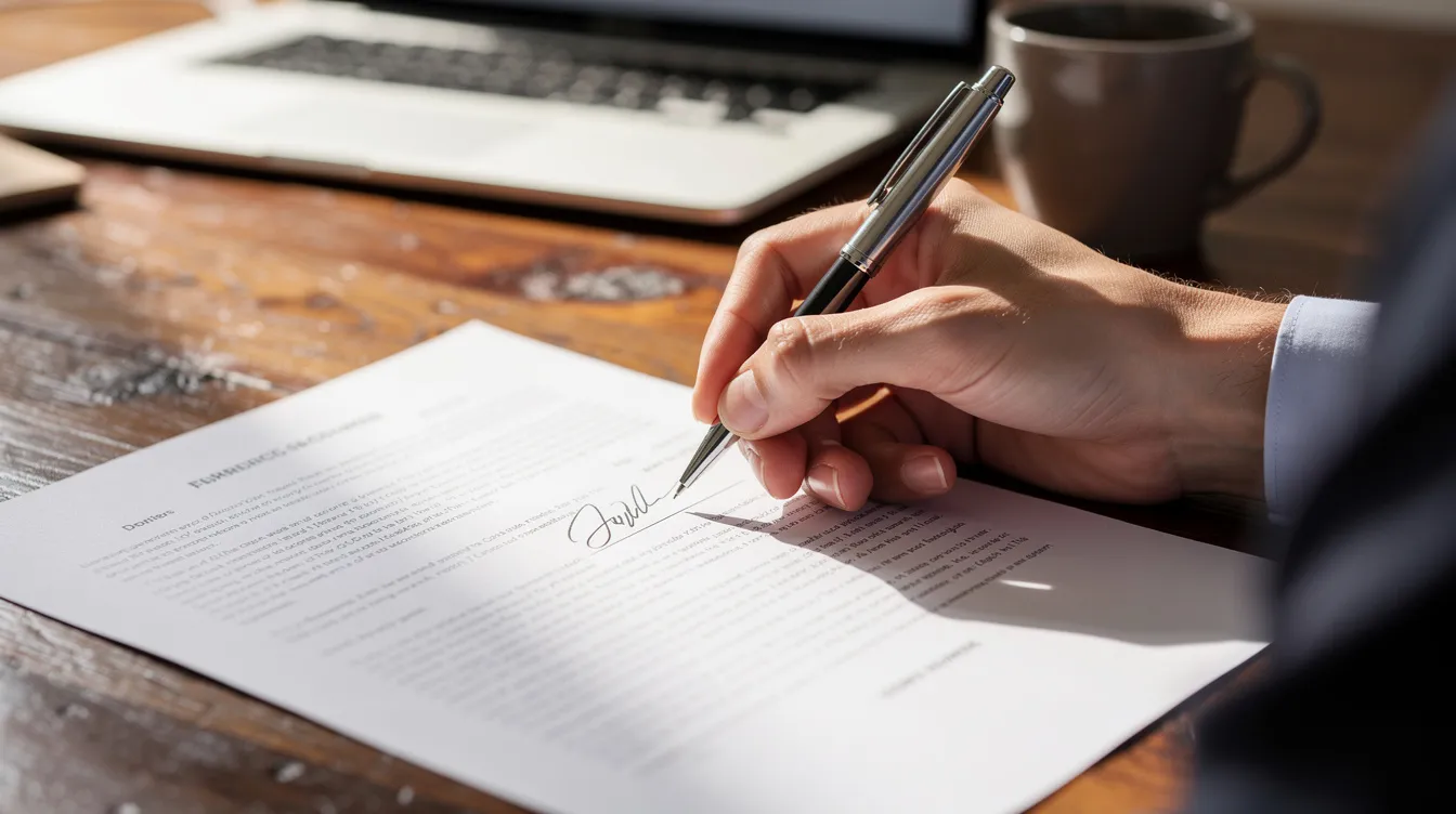 A person is signing a paper document with a pen at a wooden desk, emphasizing the act of completing important paperwork. This scene reflects the traditional process of finalizing legal contracts or agreements before they can be converted into digital formats like PDF files for secure pdf editing.