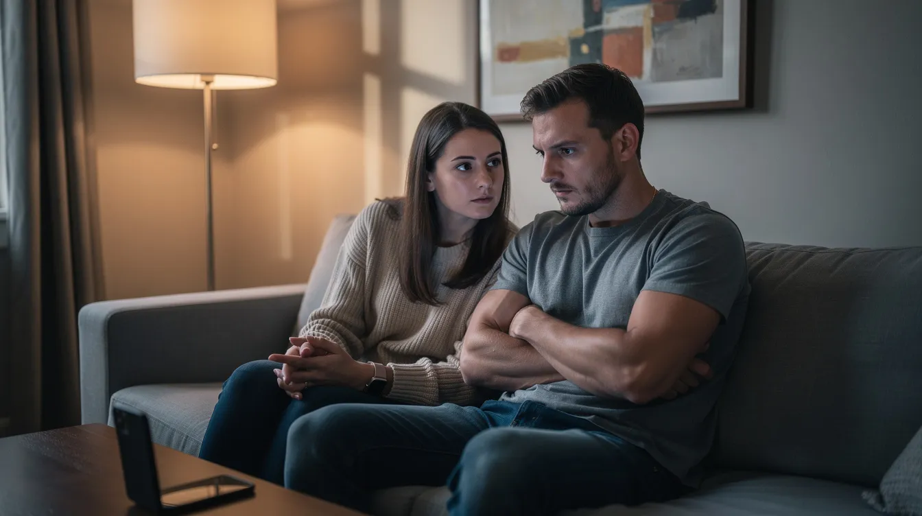 The image depicts a couple sitting together, where the man exhibits signs of a dismissive avoidant attachment style, characterized by emotional distance and a reluctance to express vulnerability. Despite their physical closeness, he seems preoccupied and detached, highlighting the challenges of navigating romantic relationships with avoidant partners.