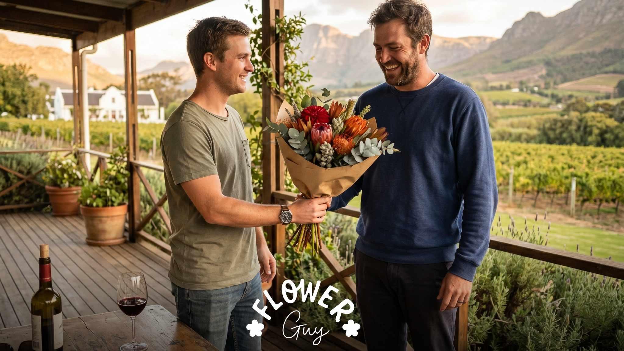 South African brothers swap happy birthday wishes and a protea bouquet on a Stellenbosch wine farm veranda at golden hour
