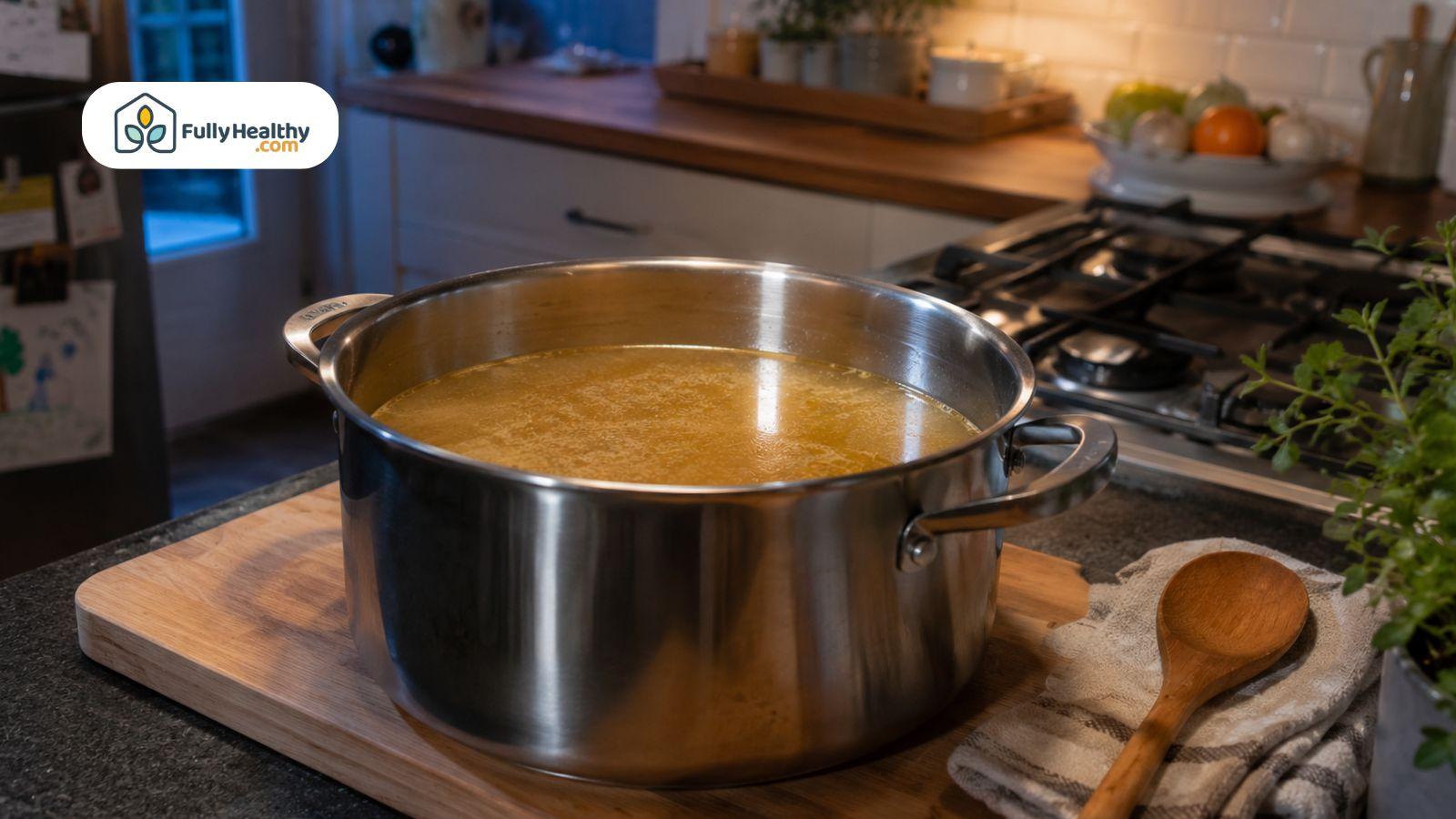 Fresh homemade chicken broth cooling in a large stainless steel pot on a kitchen counter.