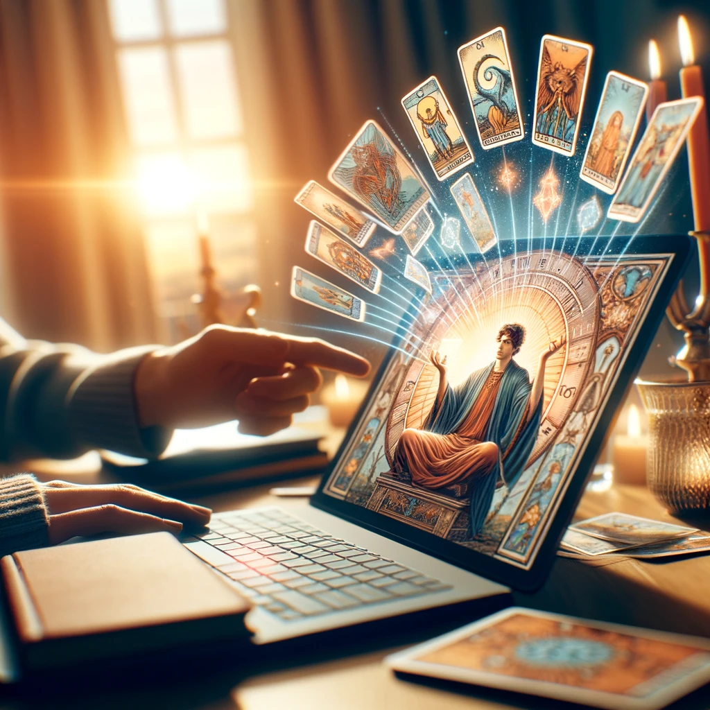 Tarot consultant with cards on a laptop screen.