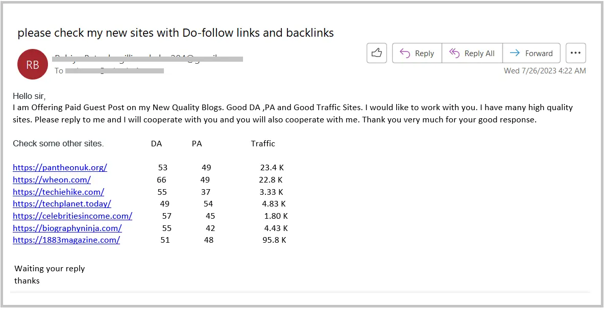 Screenshot Example of email advertisement for spammy low quality backlinks