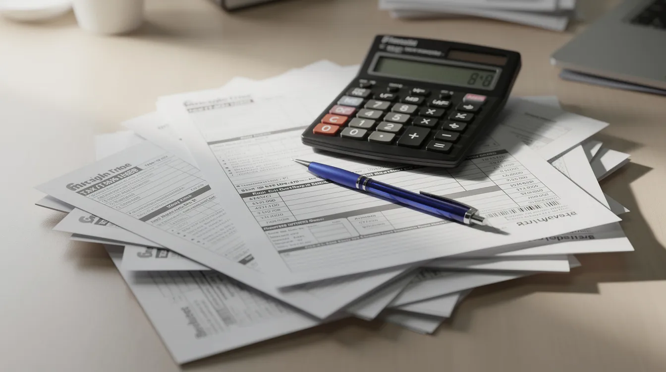 The image shows a stack of tax forms alongside a calculator on an office desk, symbolizing the process of filing income tax returns and potentially claiming the employee retention credit (ERC) for eligible businesses affected by the COVID-19 pandemic. This setup highlights the importance of understanding qualified wages and the necessary documentation for tax credits.