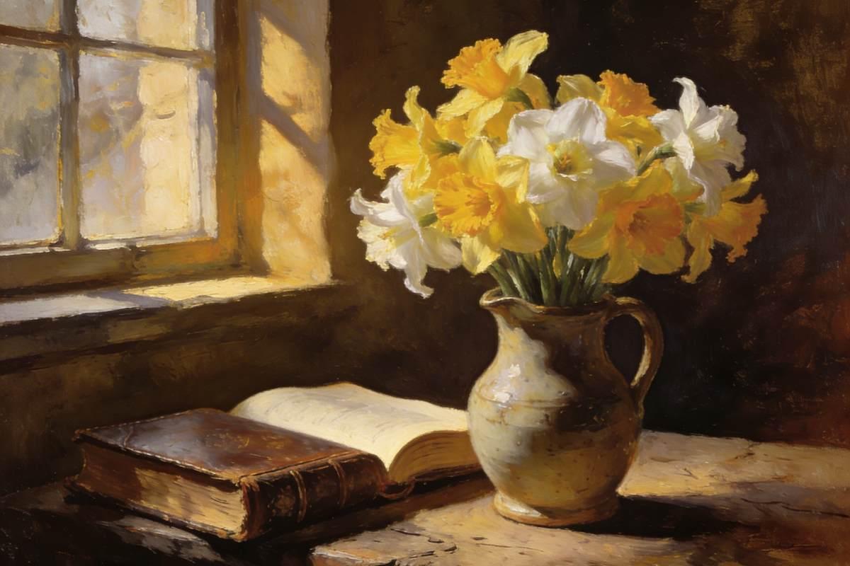 Yellow and white daffodils in a vintage ceramic jug with an old book — classical floral still life