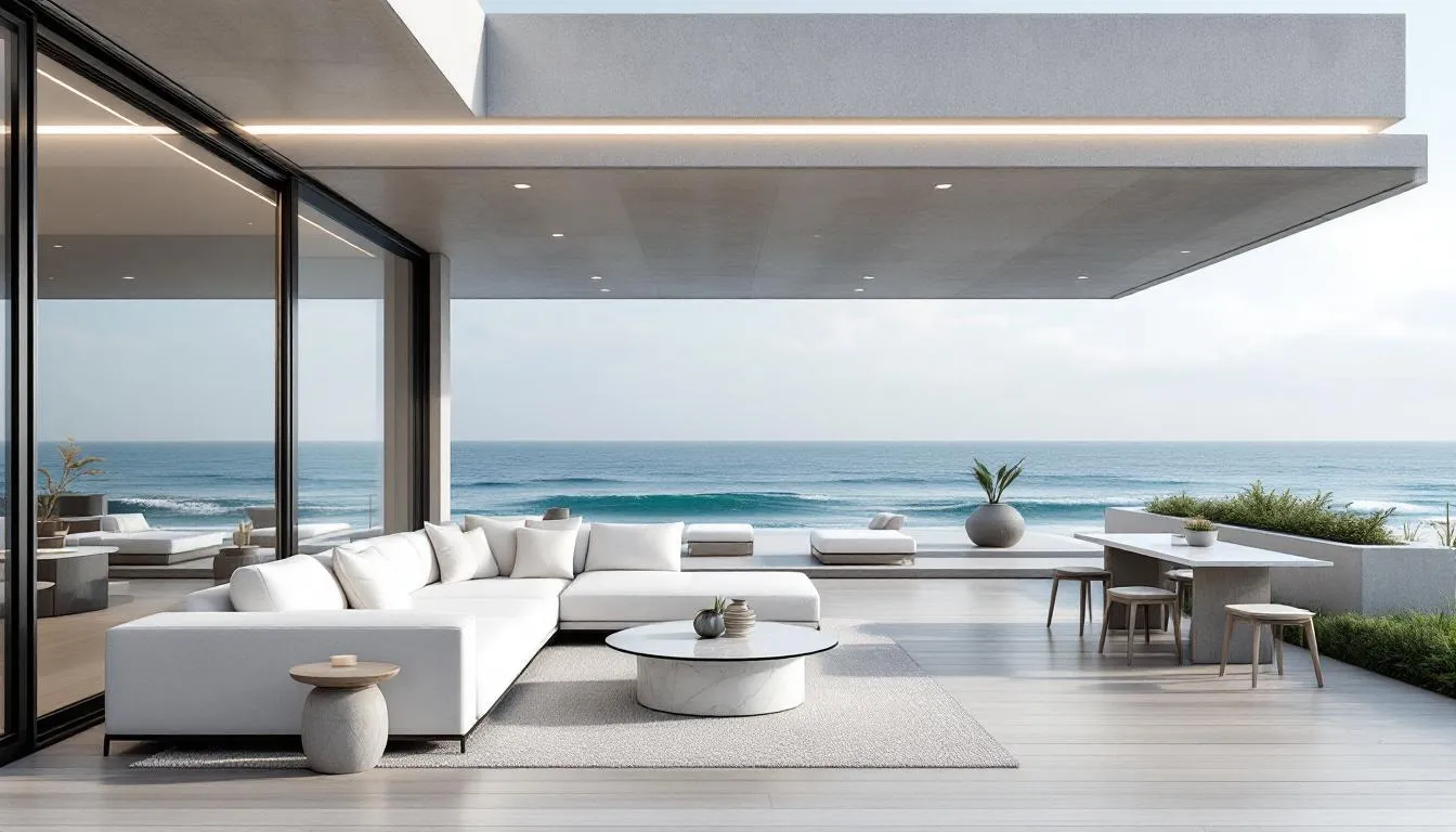 The image depicts a modern beachfront terrace featuring luxurious outdoor furniture and breathtaking panoramic views of the ocean. This idyllic setting offers direct beach access, making it an ideal spot for enjoying the refined living that Vanderbilt Beach real estate offers in Naples, FL 34108.