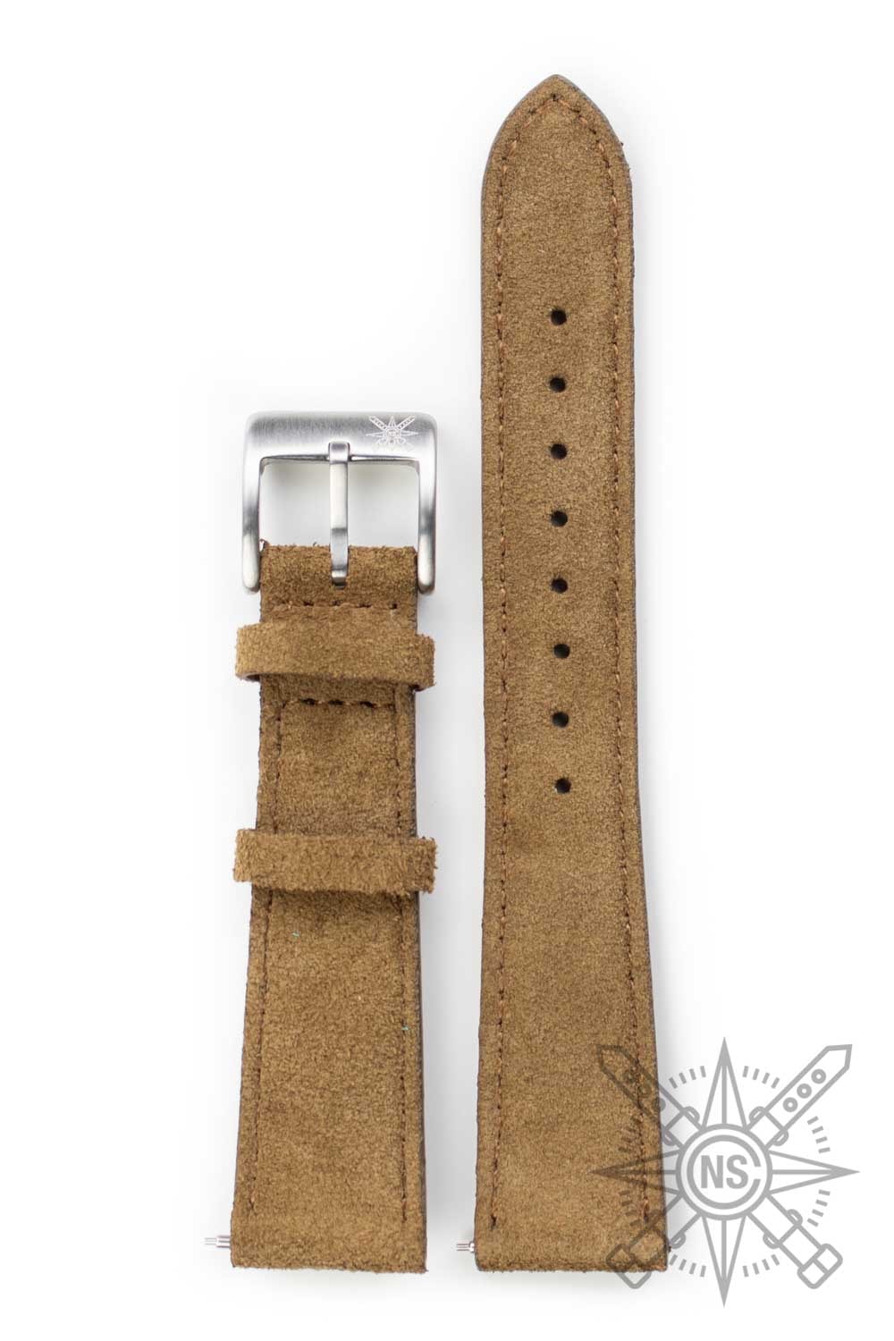 A collection of various watch straps including suede and leather options.
