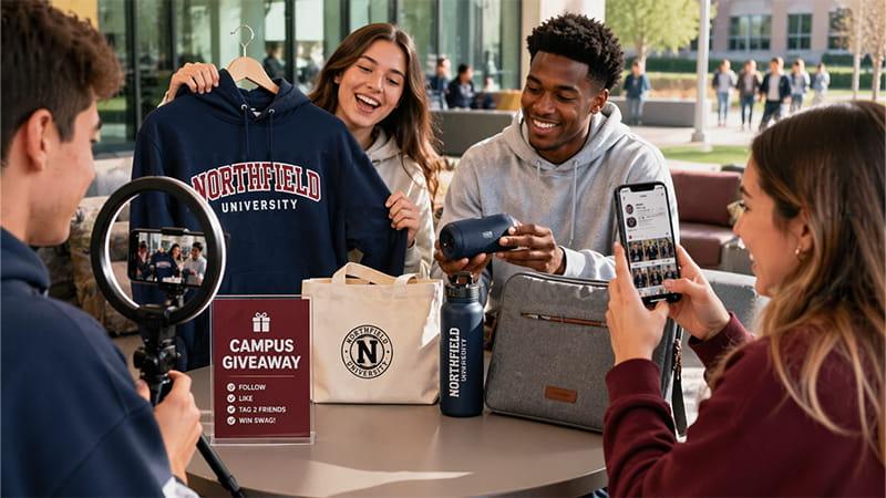 Students participating in a campus giveaway contest, with premium swag items like a hoodie, speaker, and water bottle displayed on a table. One student is taking a photo with their phone while another is recording, highlighting social media engagement and the promotion of giveaways on campus