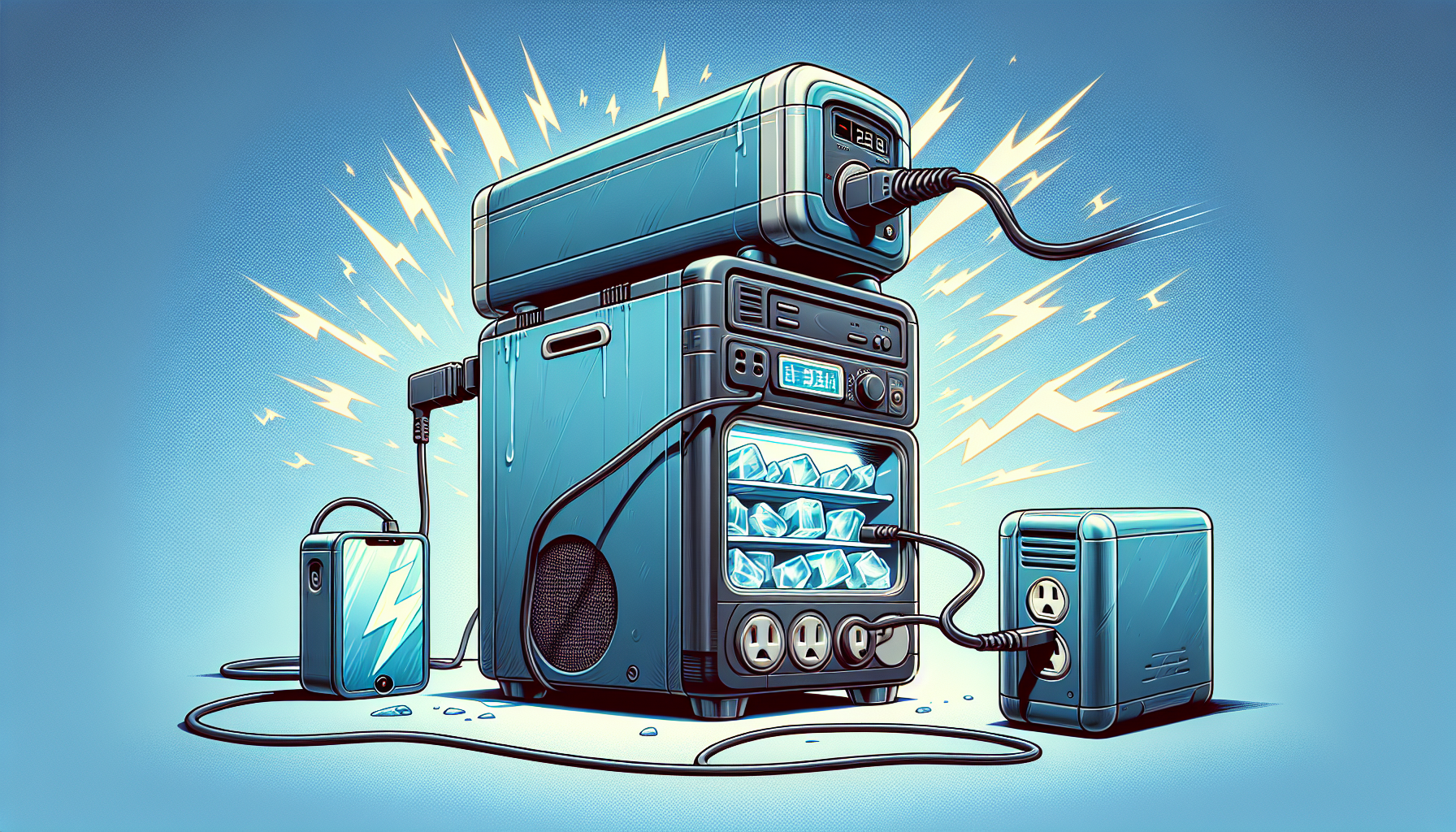 Illustration of a portable power station powering a mini fridge and a smartphone simultaneously