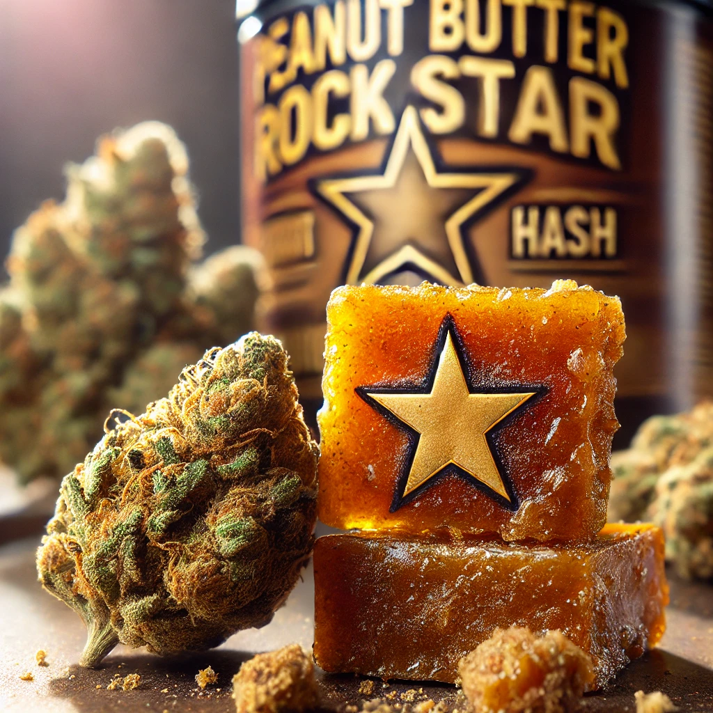 A finely detailed close-up of Peanut Butter Rockstar hash, emphasizing its crumbly, resinous texture and trichome-covered cannabis buds.