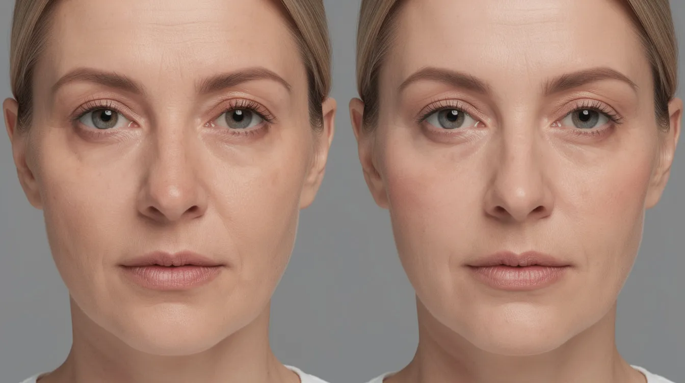 The image features two clinical-style facial portraits side by side, showcasing a patient's bulbous nasal tip before and after a non surgical nose job, highlighting the subtle refinement and improved tip definition for a more refined appearance. The portraits emphasize the natural looking results of the nasal tip refinement, illustrating noticeable improvements in facial harmony.