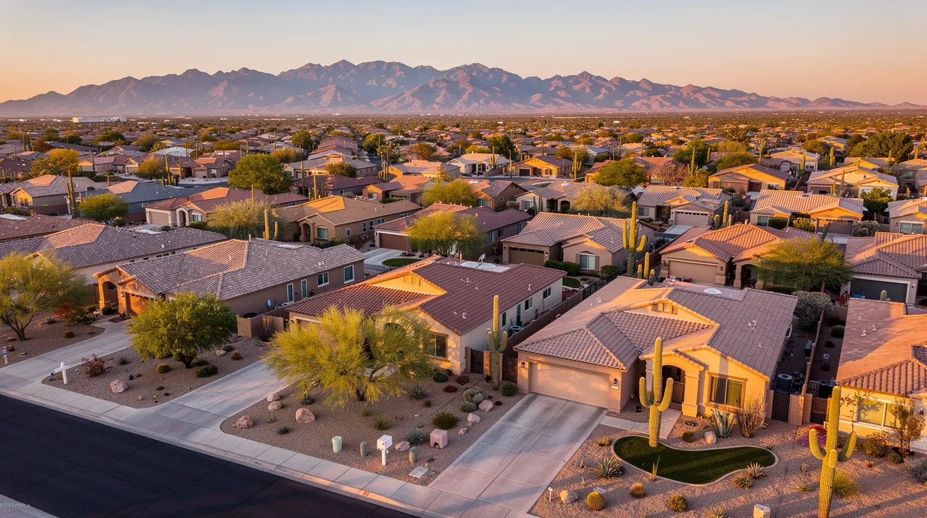 An aerial view of a Phoenix metro suburban neighborhood showcases rows of stucco homes surrounded by desert landscaping, with mountains visible in the distance during golden hour. This image reflects the residential area where reliable service, like emergency plumbing services, is essential for addressing plumbing issues that may arise in homes.