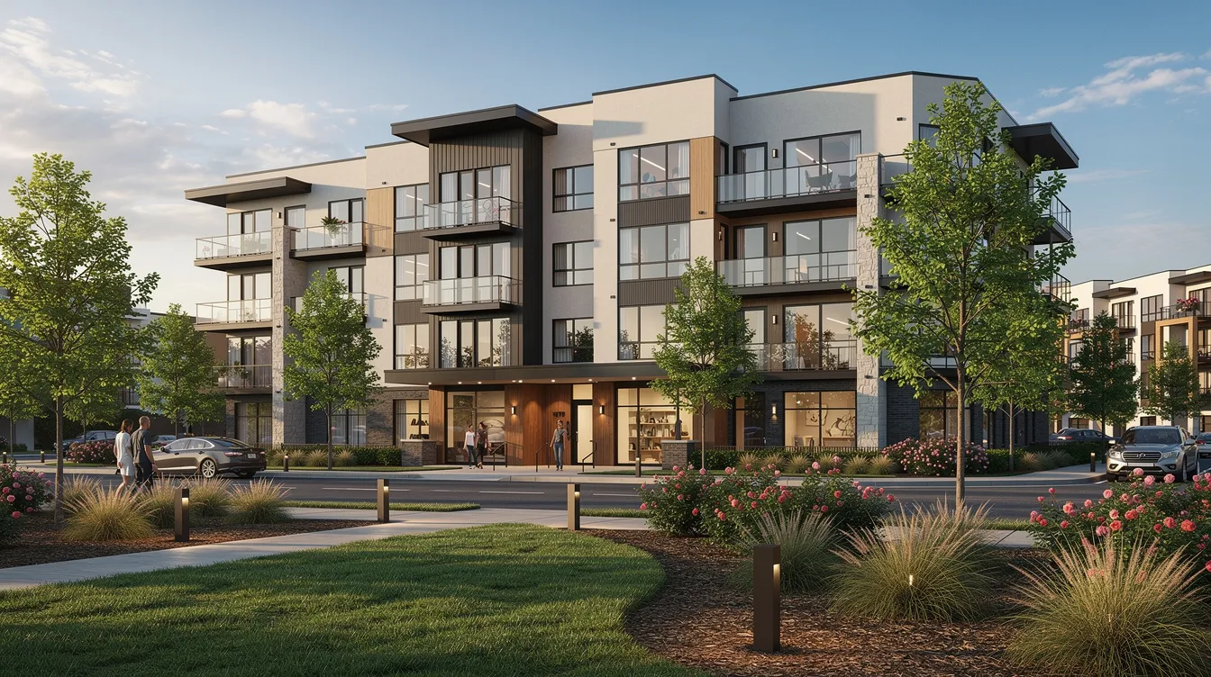 The image depicts a modern multi-unit apartment building surrounded by lush, well-maintained landscaping, highlighting the importance of property management in enhancing tenant satisfaction and financial transparency for property owners. This visually appealing structure represents the effective operations of property management companies in maintaining the property's financial health and ensuring a pleasant living environment for tenants.