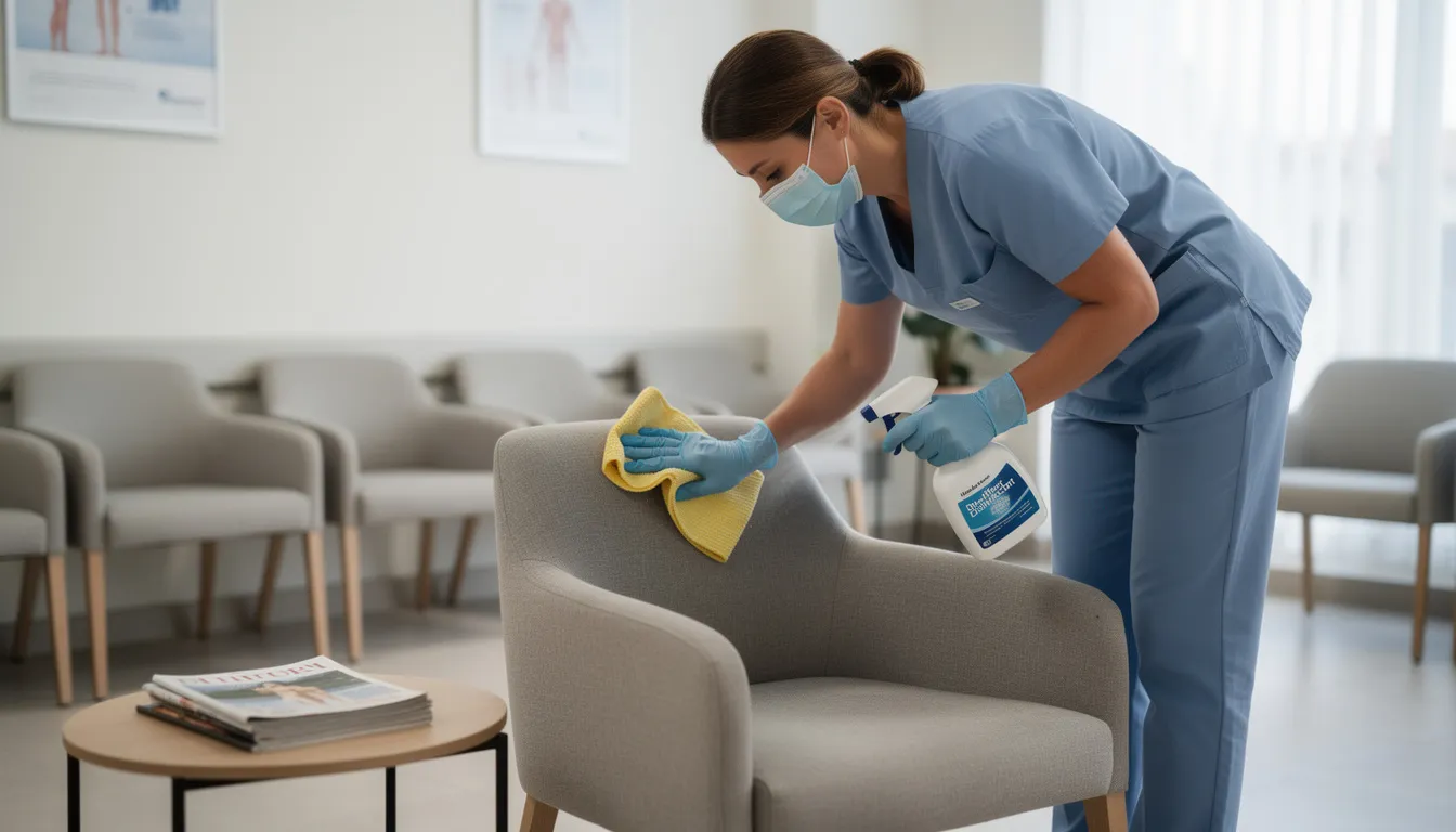 A professional is meticulously cleaning a waiting room chair with healthcare-grade materials, ensuring the upholstered seat and padded armrests are spotless. The chair, designed for high traffic areas, features sleek lines and durable faux leather, making it ideal for office reception and guest seating.
