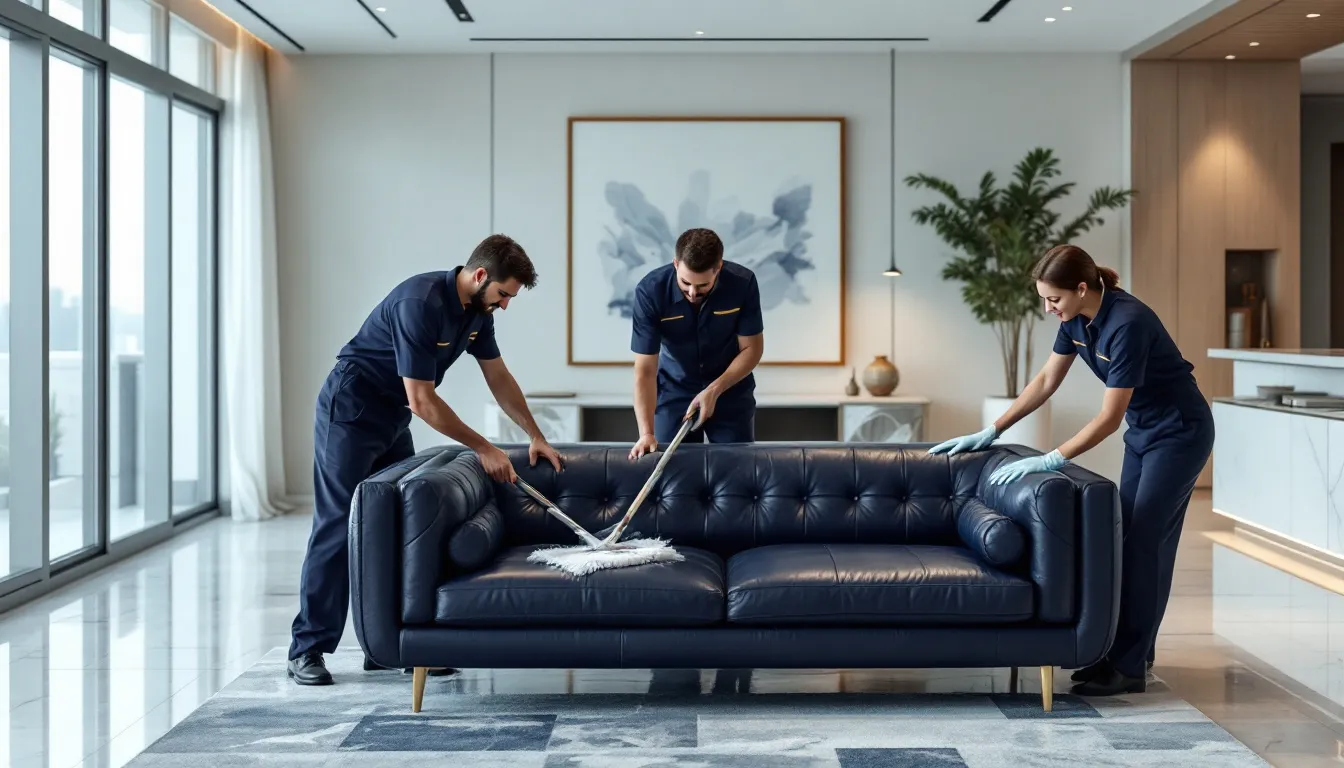 A professional team providing sofa cleaning services in Dubai.