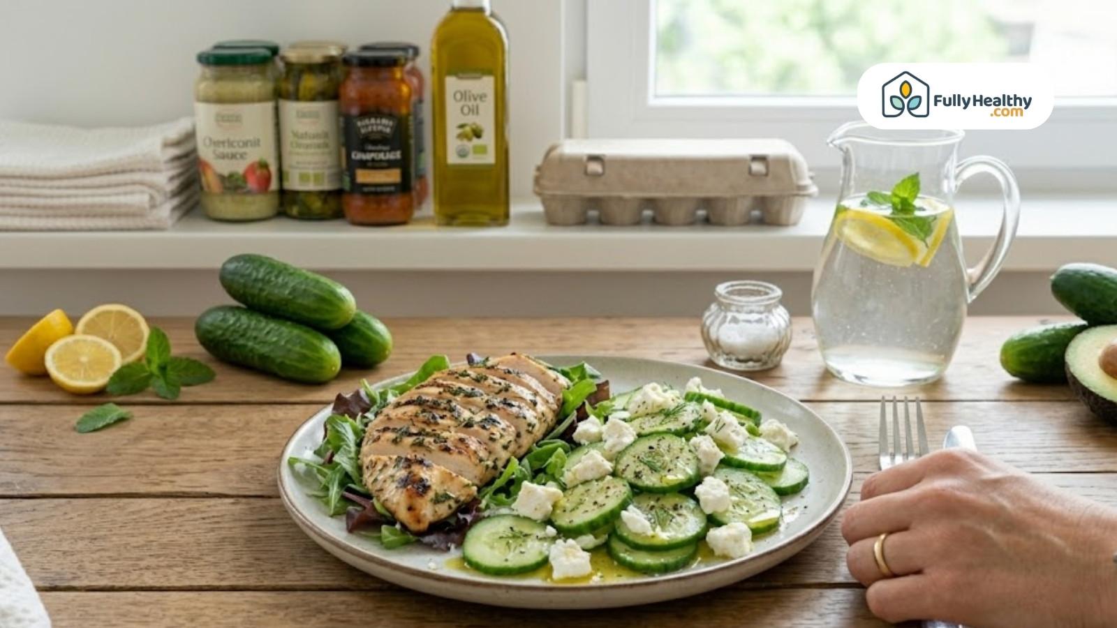 Grilled chicken with cucumber salad and lemon water pitcher