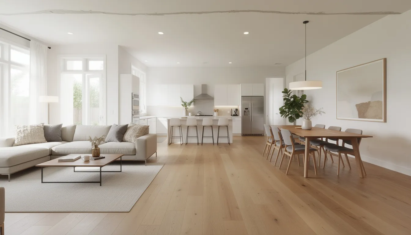 The image depicts an open concept living space that has been transformed by removing a non-load bearing wall, creating a seamless flow between the living room and kitchen. Natural light floods the area, highlighting the modern furniture layout, which includes a coffee table and ambient lighting fixtures, making the space feel larger and more inviting.