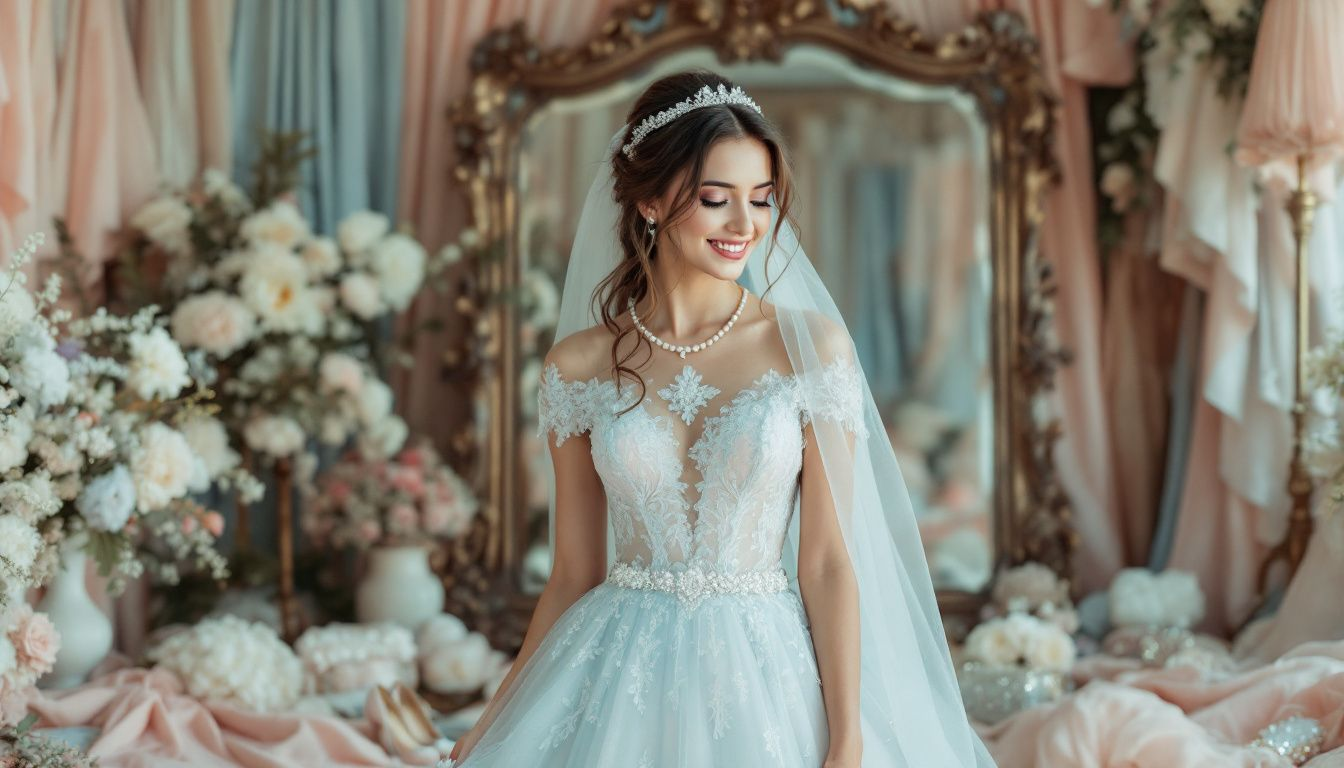 A bride preparing her wedding dress and accessories.