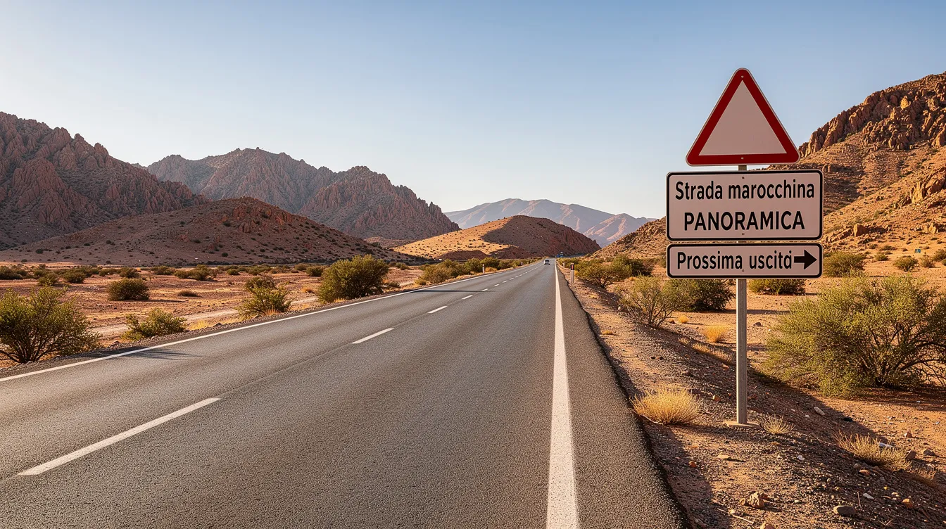Un'ampia strada panoramica marocchina si snoda tra le montagne, con segnaletica stradale visibile che indica direzioni e località. Questa scena evocativa rappresenta un viaggio attraverso il Marocco, perfetta per chi cerca un'auto a noleggio a Fes per esplorare la regione.