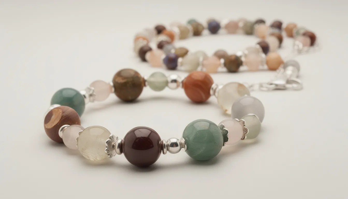 The image depicts a beautifully finished bracelet and necklace made from a variety of semi precious gemstone beads, including rose quartz and lapis lazuli, accented with elegant silver findings. This stunning jewellery set showcases the natural colors and textures of the gemstones, making it a perfect choice for jewellery makers and enthusiasts alike.