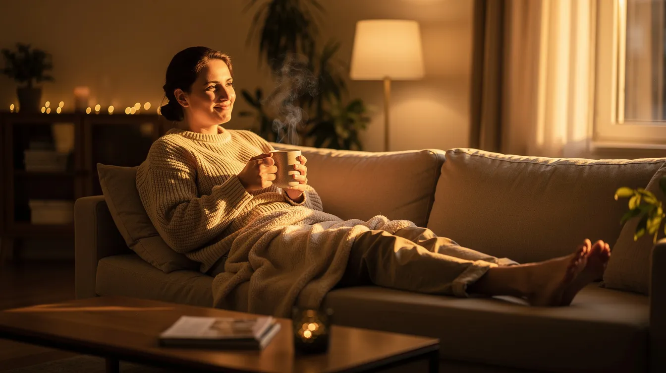 A person is comfortably relaxing on a couch bathed in warm evening light, holding a mug that suggests a cozy drink, while soft ambient lighting creates a tranquil atmosphere. This scene embodies the essence of relaxation, akin to the calming effects of cbd gummies, providing a healthier alternative to regular alcohol consumption.