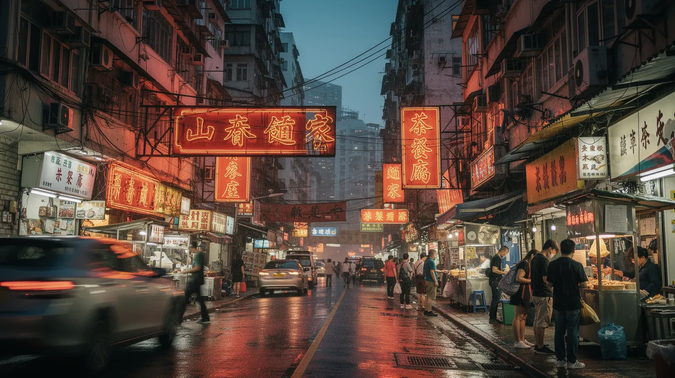 The image captures a bustling evening scene on a Hong Kong street, filled with small shops and restaurants, illuminated by vibrant neon lights. The lively atmosphere reflects the city's energy, inviting passersby to explore the various offerings, including potential financial services like 中小 企 貸款 from local institutions.
