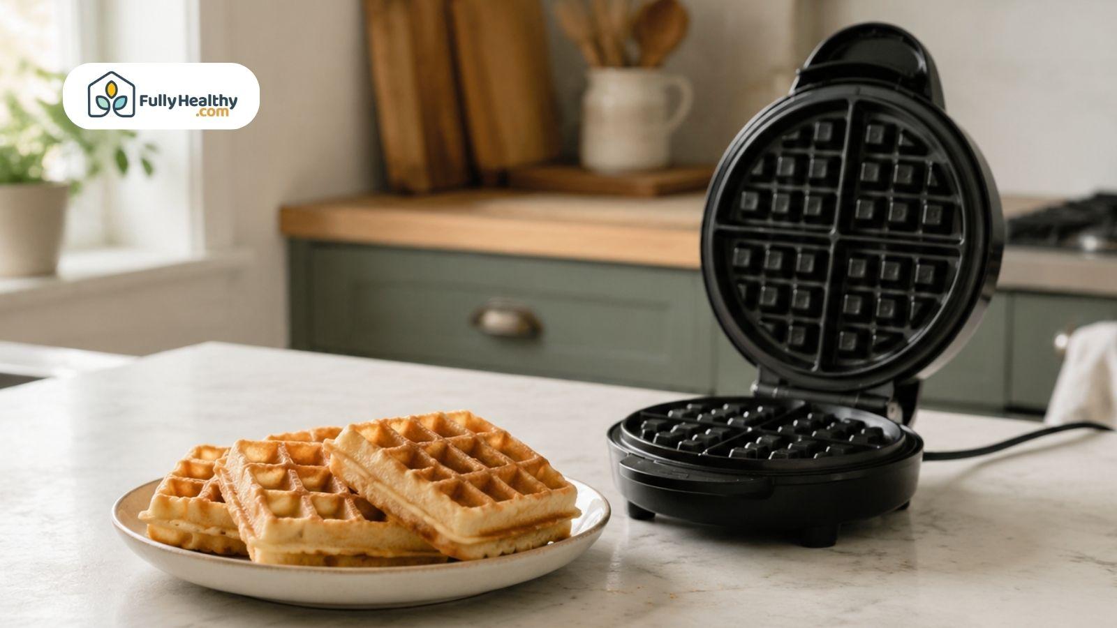 Fresh plain waffles beside an open waffle maker in a home kitchen.