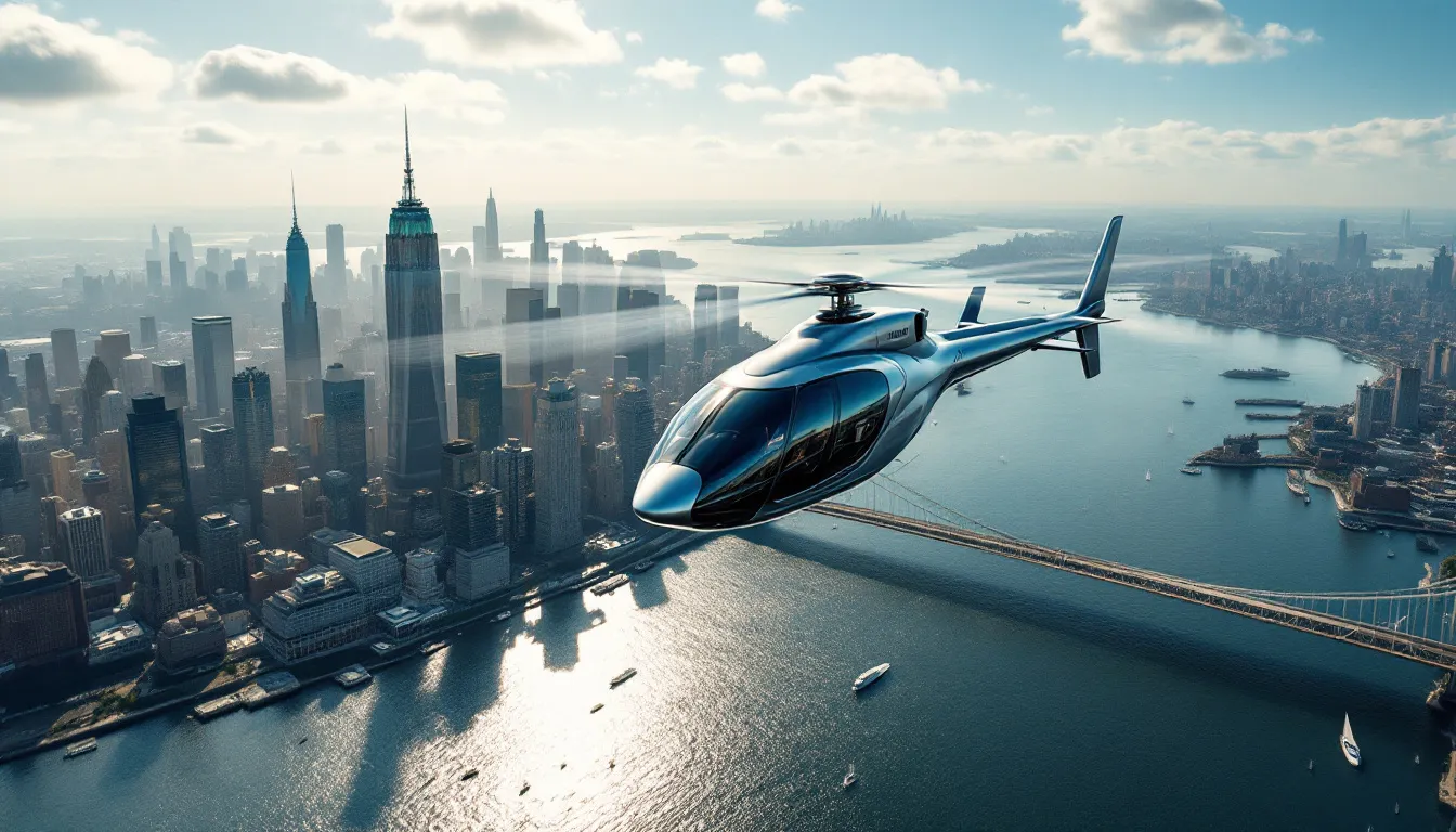 A helicopter flying over the Hudson River, offering a breathtaking view of NYC's skyline and iconic landmarks..