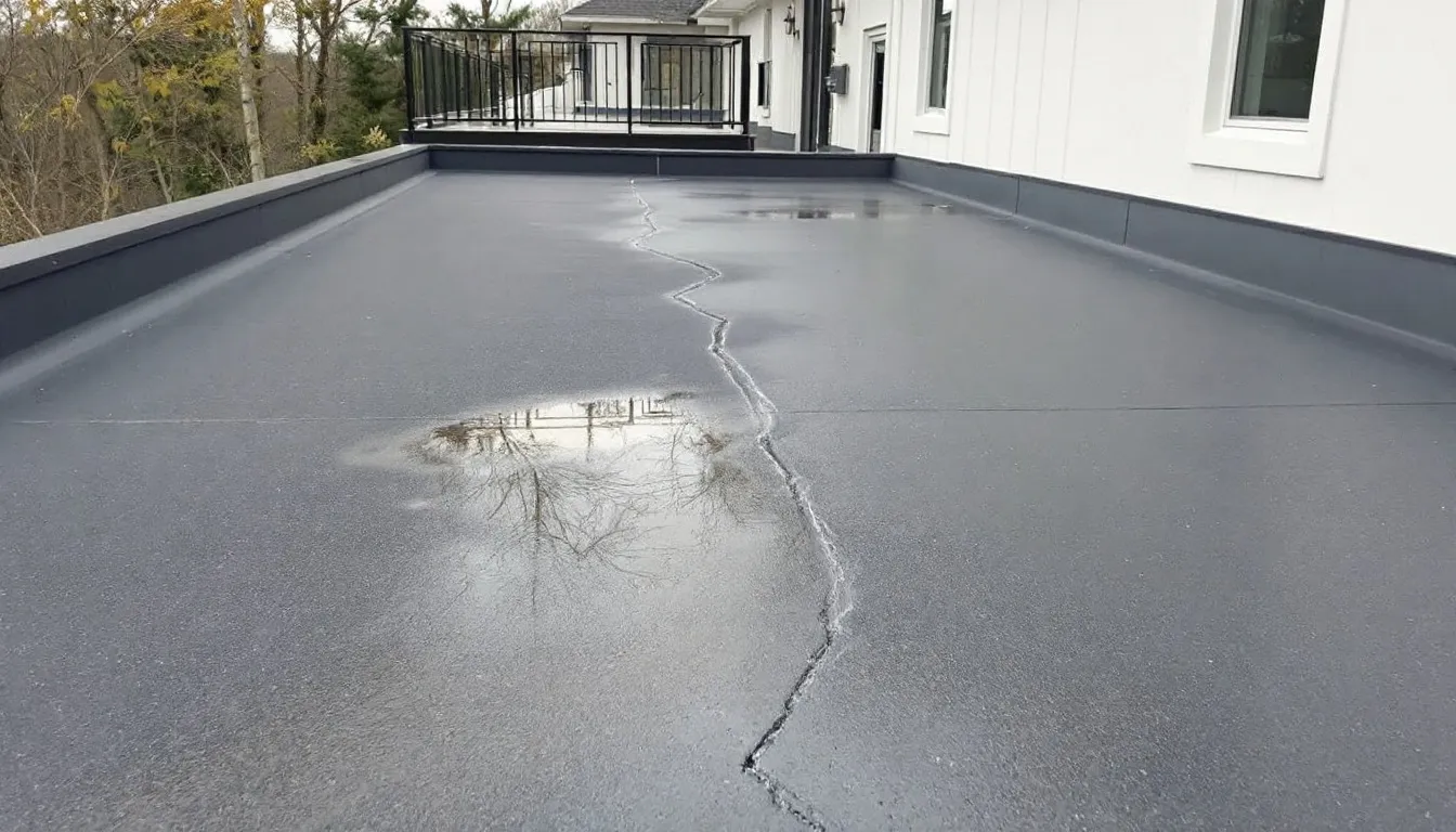An image depicting signs of flat roof damage such as cracks and leaks.