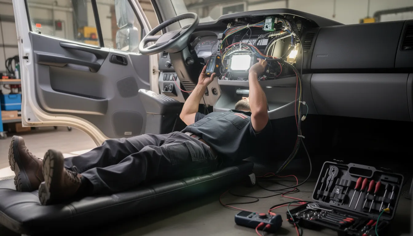 A technician is seen working underneath the dashboard of a commercial truck, installing an electronic logging device (ELD) to ensure compliance with ELD mandates. This installation is crucial for fleet operations, helping fleet managers improve operational efficiency and avoid costly fines during roadside inspections.
