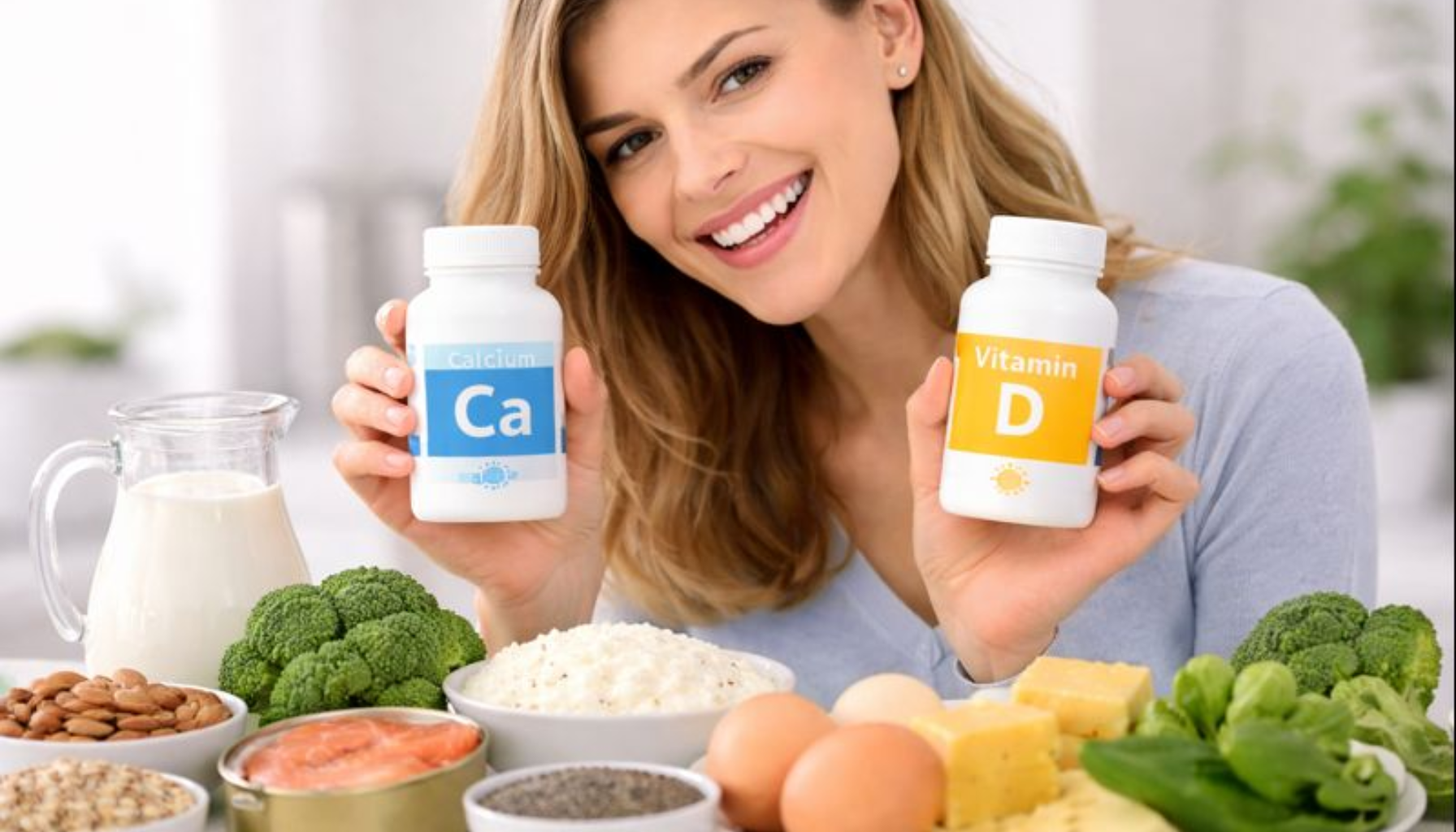 Kvinne smiler og holder kosttilskudd med kalsium og vitamin D, omgitt av mat rik på næringsstoffene.