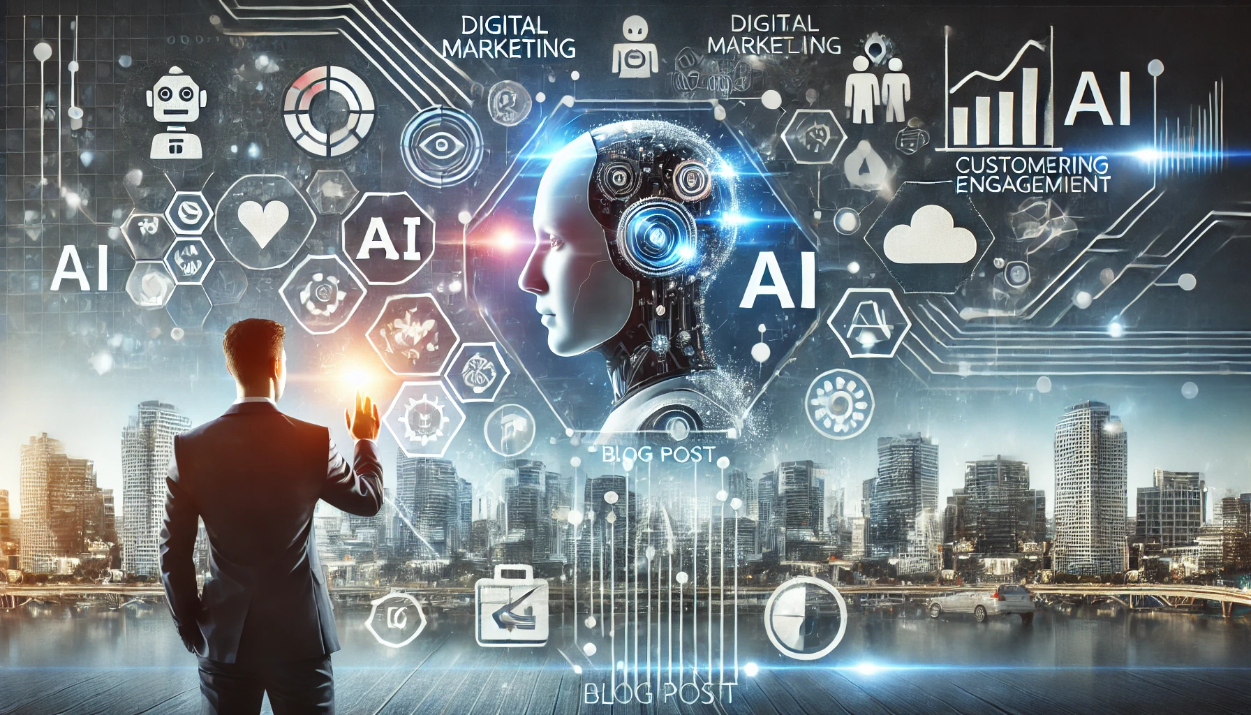 The image features digital marketing icons, AI symbols, and a business professional interacting with AI technology on a screen. Visuals representing data analytics, customer engagement, and advertising are included. The background blends modern and futuristic aesthetics with blue, silver, and white tones.