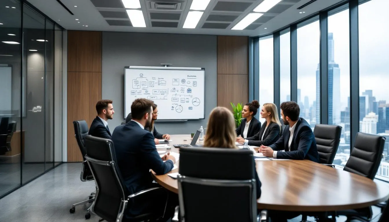 The image depicts a boardroom meeting where a person is speaking confidently while maintaining eye contact with the audience, showcasing effective communication skills. Participants are engaged, demonstrating active listening and positive body language, which are important aspects of good communication in the workplace.