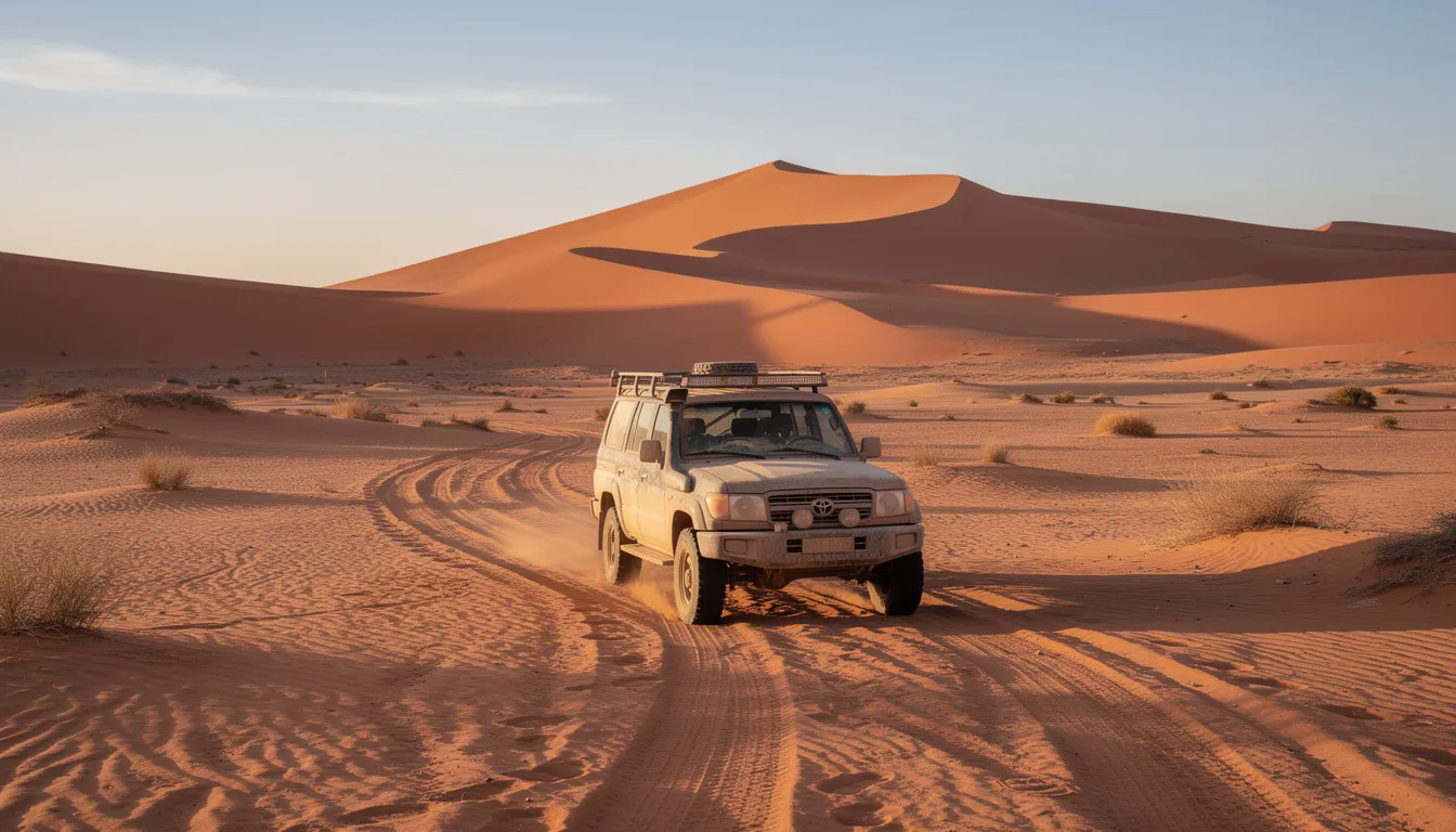 A 4x4 vehicle is navigating a sandy track in the Moroccan desert, with vibrant orange dunes stretching into the distance. This scene captures the essence of an unforgettable adventure in the Sahara Desert, perfect for those looking to explore Morocco's hidden gems.
