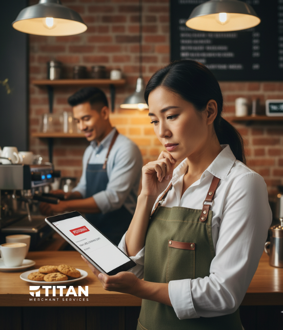 A stressed female small business owner, wearing an apron, clutches her head while looking at a tablet displaying a "PENDING" payment notification. In the background, a smiling male employee is visible, unaware of her worry. The scene is a coffee shop.