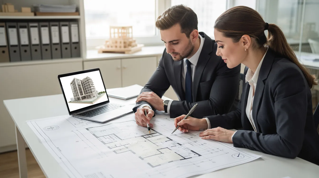 The image depicts two experienced professionals collaborating over architectural construction documents at a shared desk, surrounded by large drawings and a laptop, showcasing real-time collaboration on their project. This setting highlights the benefits of nearshore staffing, where skilled professionals can work together efficiently, leveraging time zone alignment and cost efficiency.