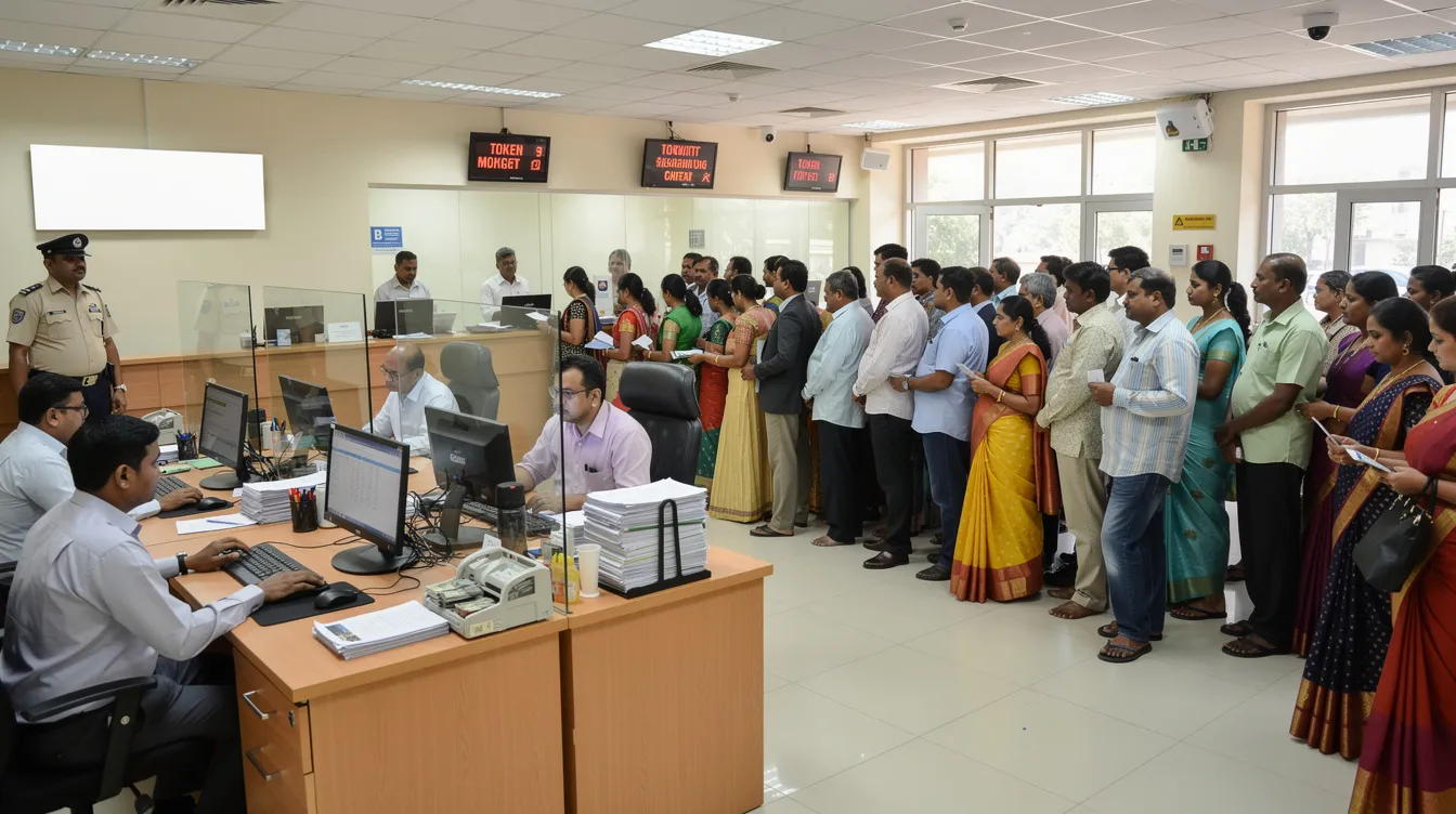 2fa2f8b0 c223 4bed b32a 3cbee0ece8a5 The image depicts a busy Indian bank branch filled with customers waiting in line and bank officers attending to various desks. This scene reflects the operations of a financial institution where individuals, including small business owners and eligible borrowers, seek assistance for loans, such as those under the Pradhan Mantri Mudra Yojana, aimed at supporting micro and small enterprises.