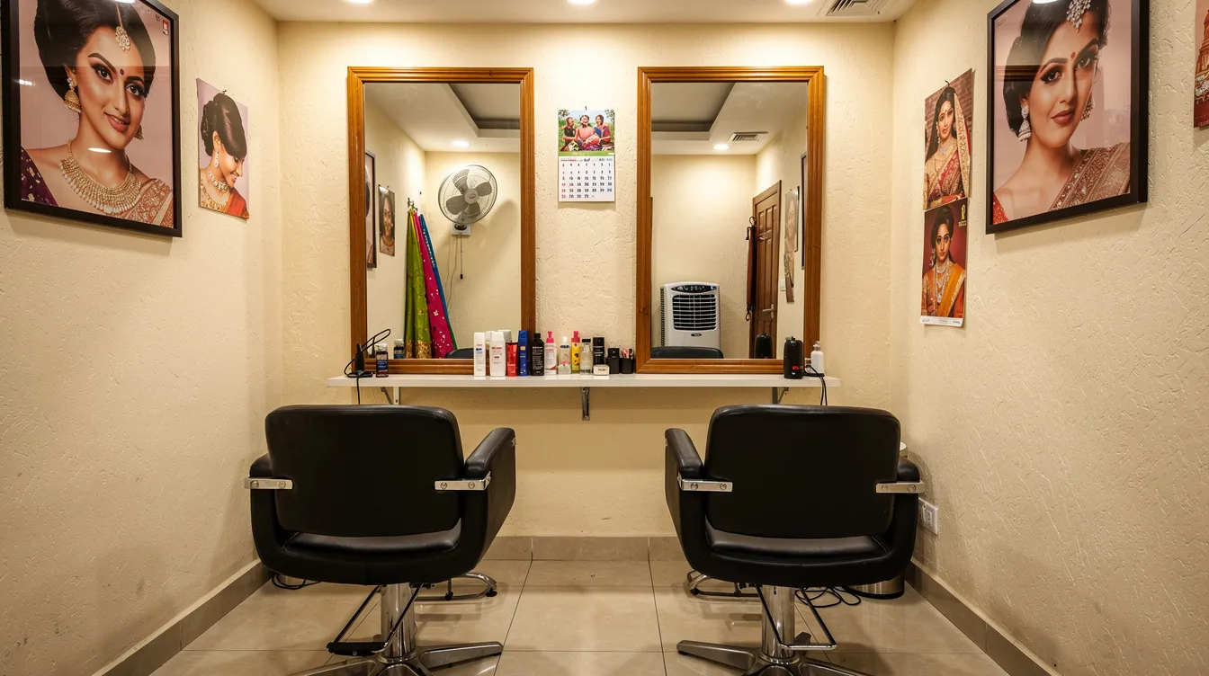 The image depicts the interior of a small Indian beauty parlour, featuring salon chairs arranged neatly in front of mirrors, creating an inviting atmosphere for clients. This cozy space reflects the entrepreneurial spirit of small business owners, potentially benefiting from financial assistance through schemes like the Pradhan Mantri Mudra Yojana.