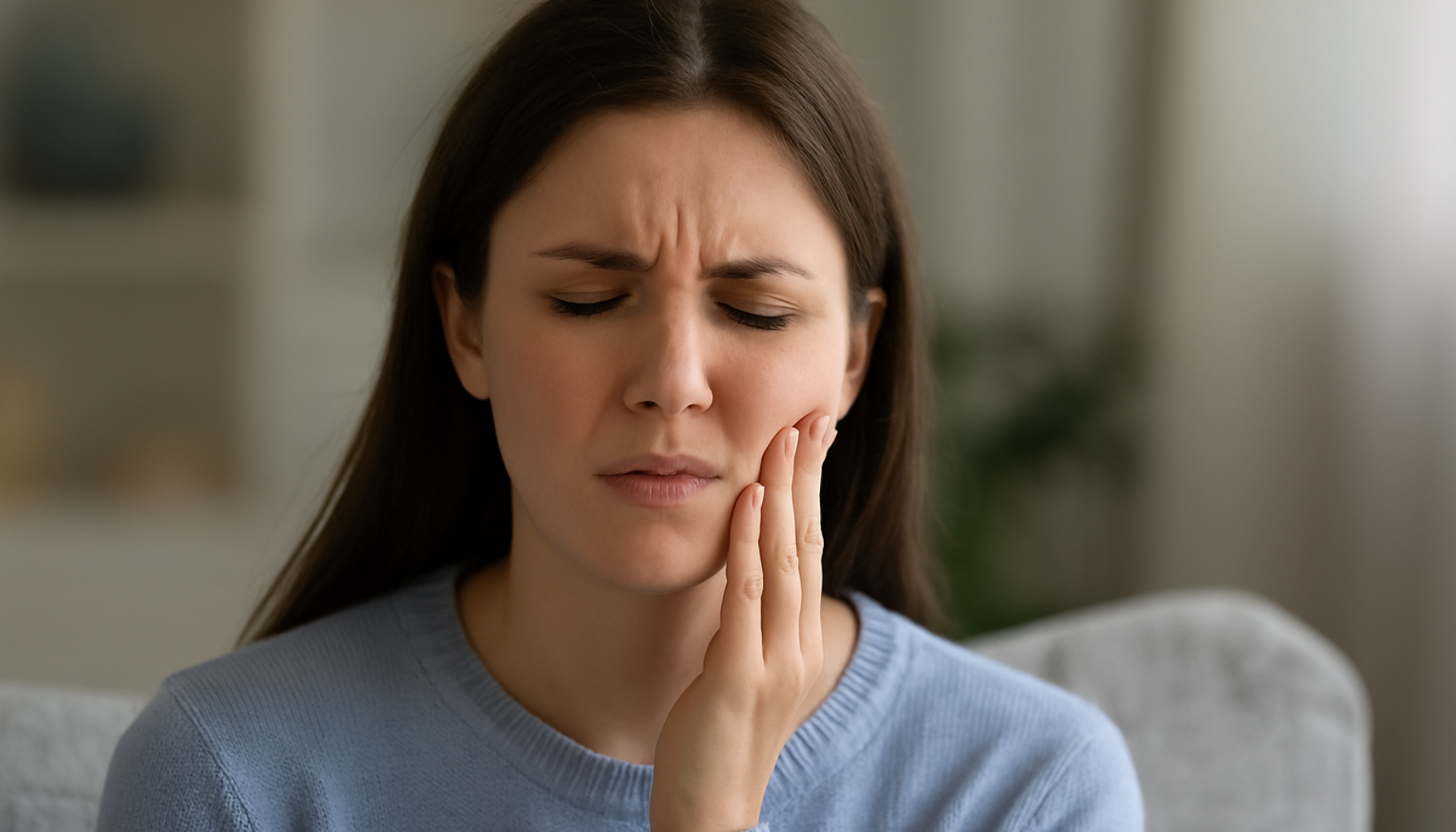Kvinne med smertefullt uttrykk holder hånden mot kinnet sitt på grunn av tannverk etter nylig tannbehandling.