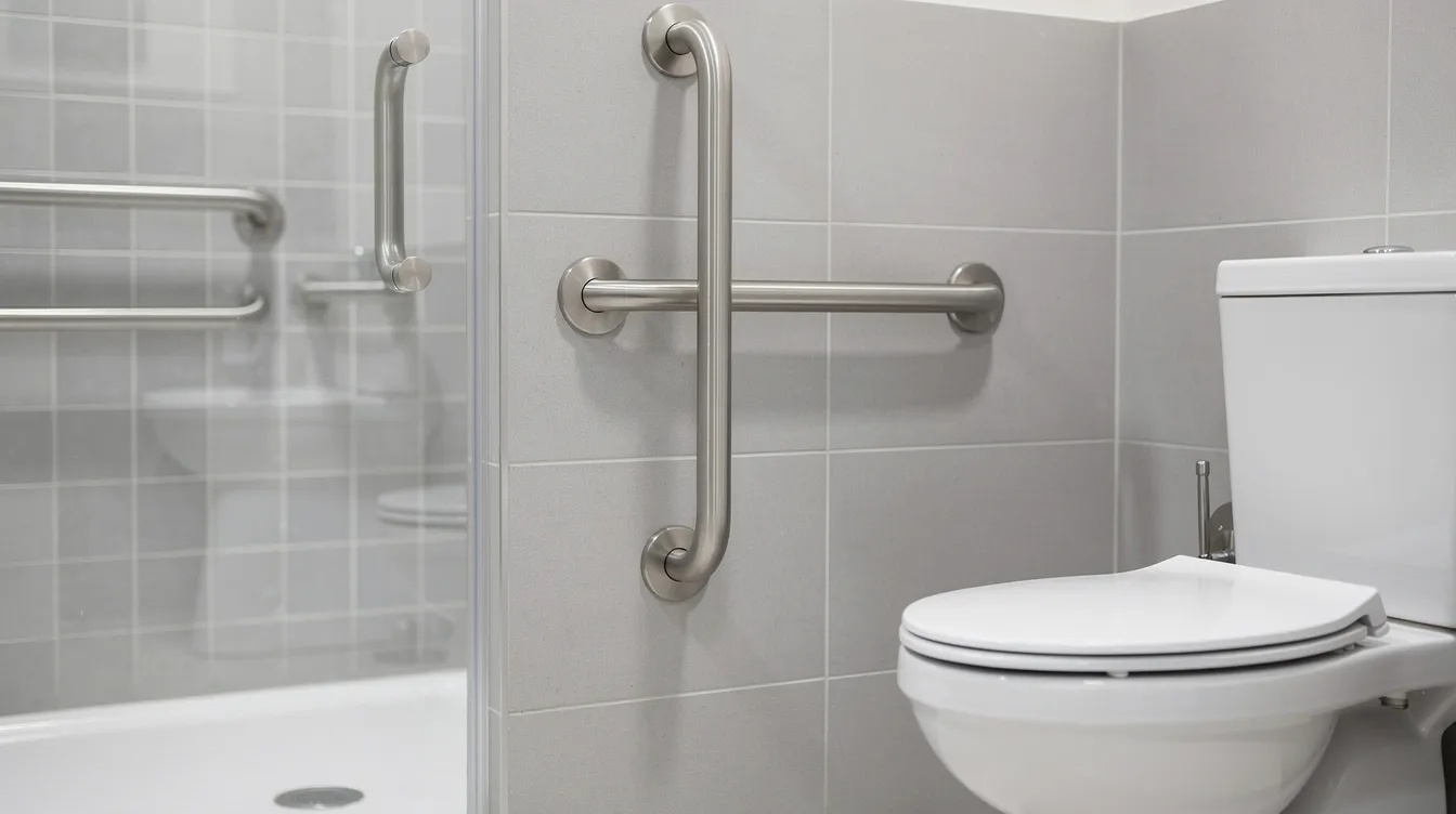 The image shows a close-up of stainless steel grab bars securely installed beside a toilet and inside a clean shower stall, enhancing bathroom safety for older adults. These grab bars are essential for preventing falls and ensuring mobility assistance in the home environment, particularly during daily living activities.