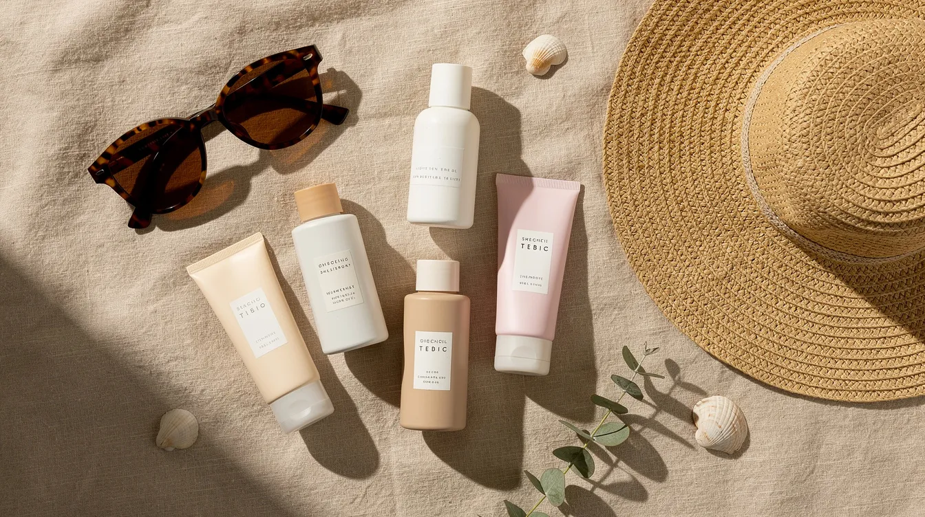 The image features a flat lay arrangement of various skincare bottles, including a best SPF moisturiser, alongside stylish sunglasses and a sun hat, all placed on a soft linen background. This setup emphasizes sun protection and skincare essentials for maintaining healthy skin during sun exposure.
